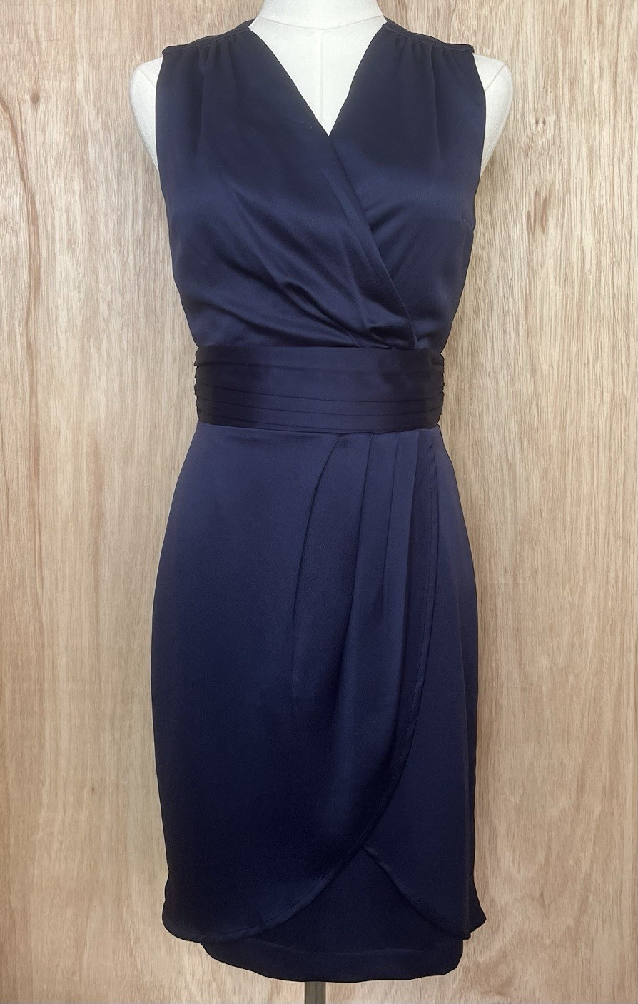 H&M Navy Solid Satin Sheath Dress Sleeveless V-Neck Pleated Size 4 Cocktail