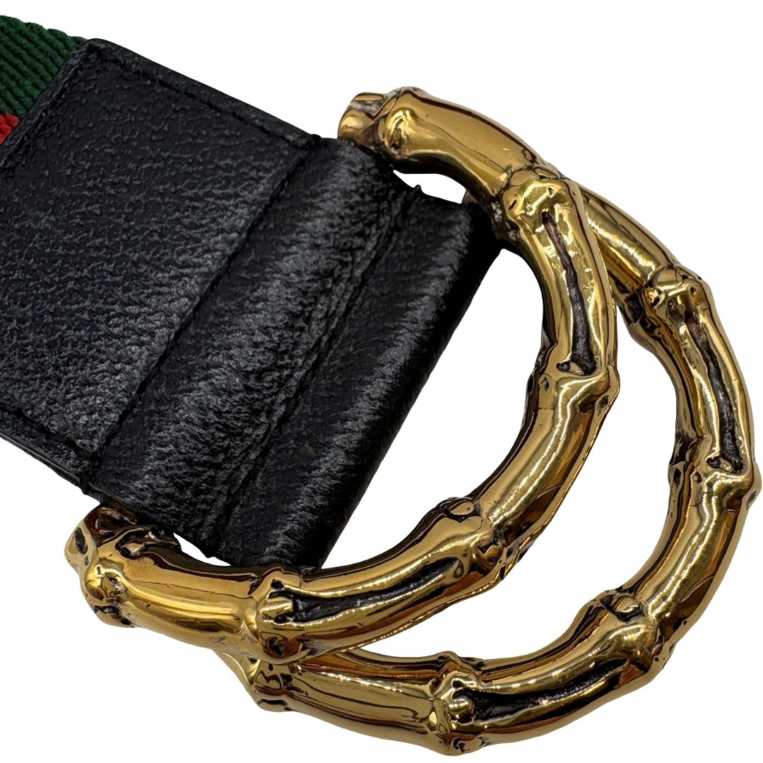 Auth GUCCI Banboo Buckle Web Stripe 80/32 Belt 132173 Green Canvas #36638429