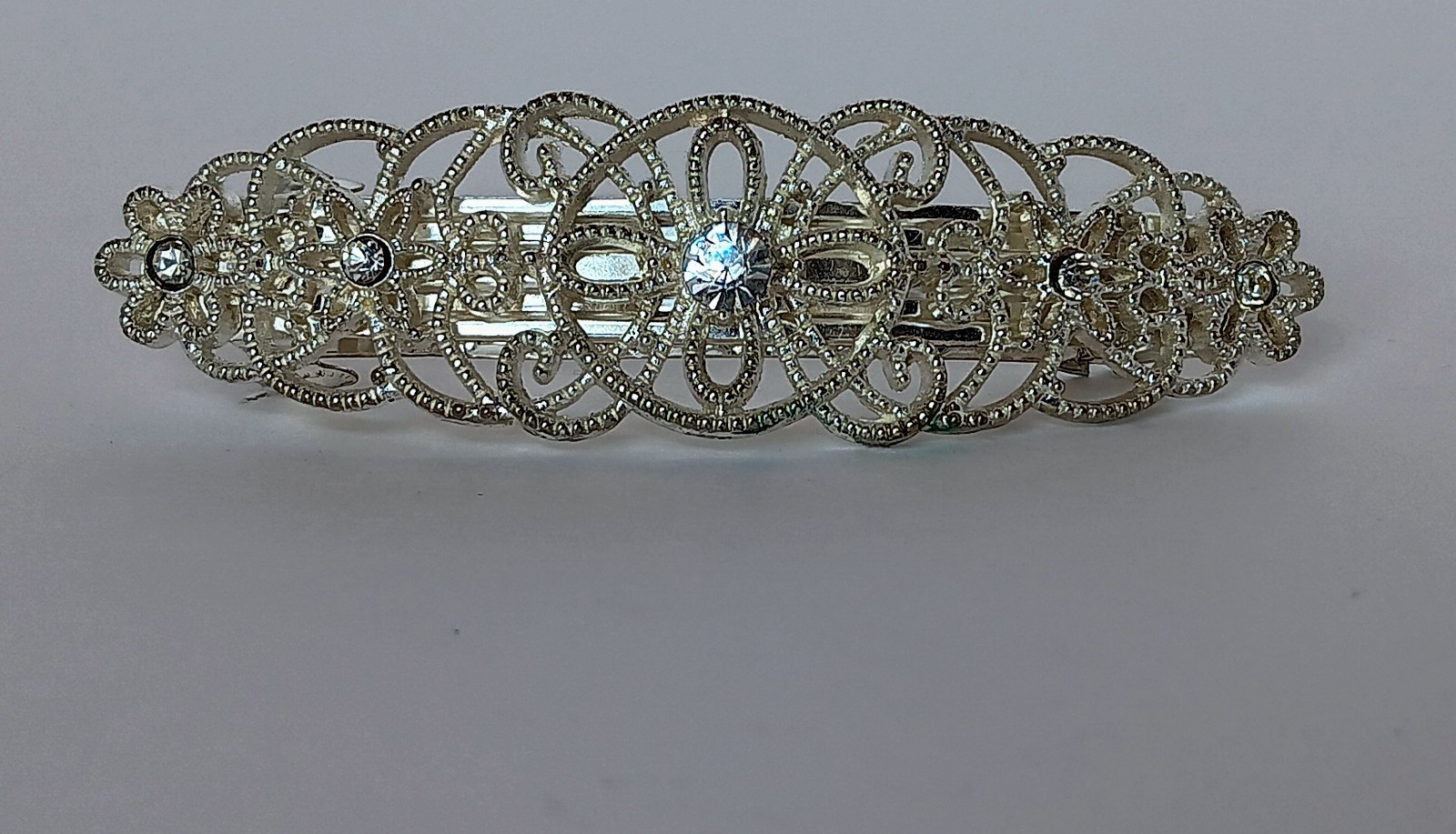 Faship Silvertone Filagree Crystal Hair Barrette 3.5 in