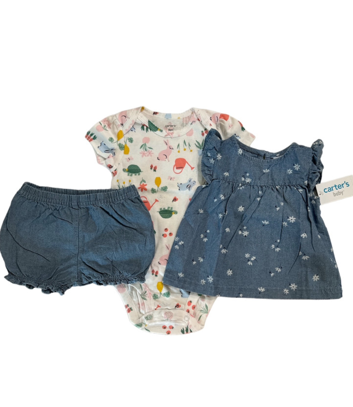 Carter’s 3-Piece Floral Chambray Top Bodysuit Short Set 3M 6M 9M 12M 18M 24M