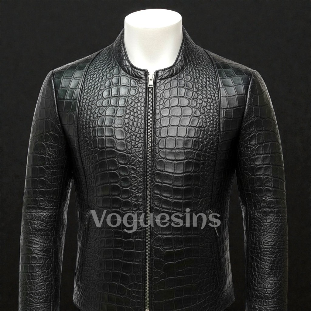 Men’s Black Leather Jacket Crocodile Embossed Pattern Alligator Leather Jacket