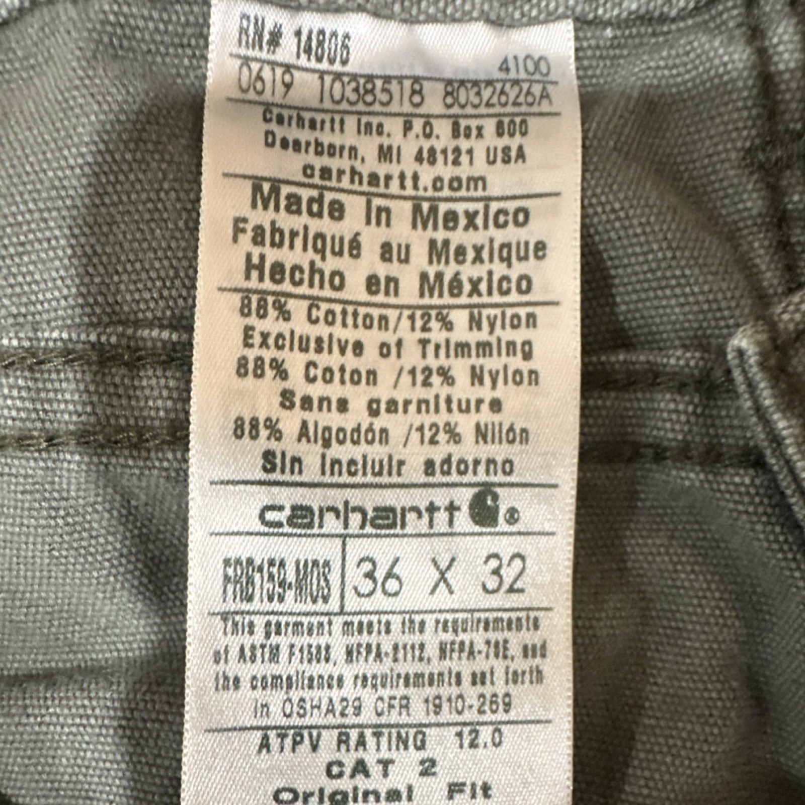 Carhartt Flame Resistant Original Fit Work Pants Green Men’s 36×32 FRB159-MOS