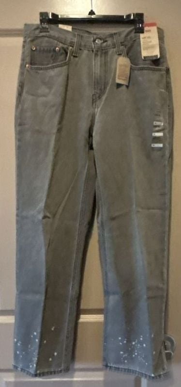 Levi’s Women’s Low Pro Straight-Leg Mid-Rise Jeans in Grey with Paint Splatter H