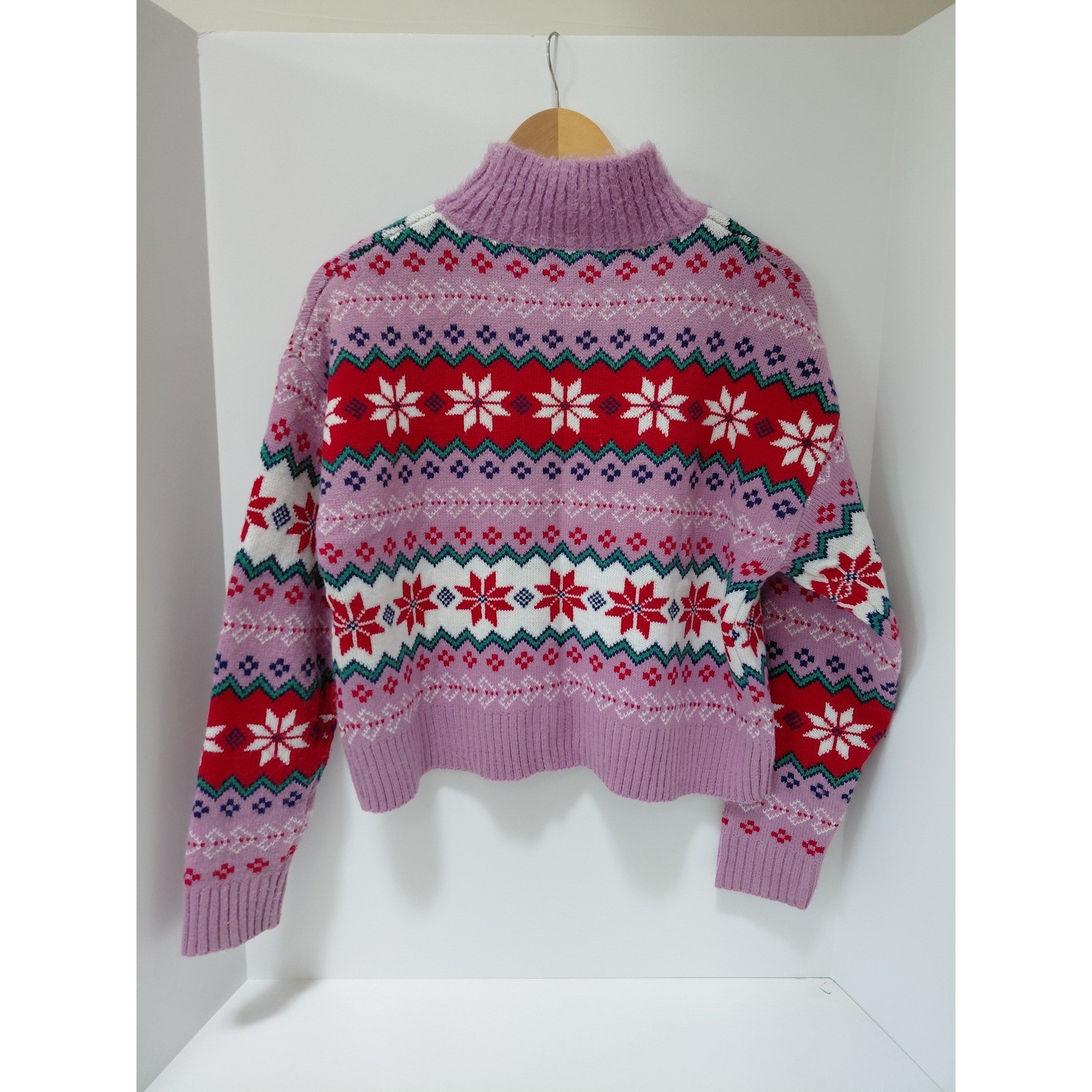 33 Degrees Womens Purple Fair Isle Snowflake Mock Neck Cropped Sweater Small