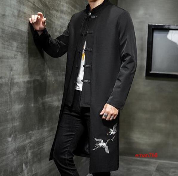 Chinese Style Tang Suit Jacket Mens Mid Long Buttons Slim Embroidery Coats Size