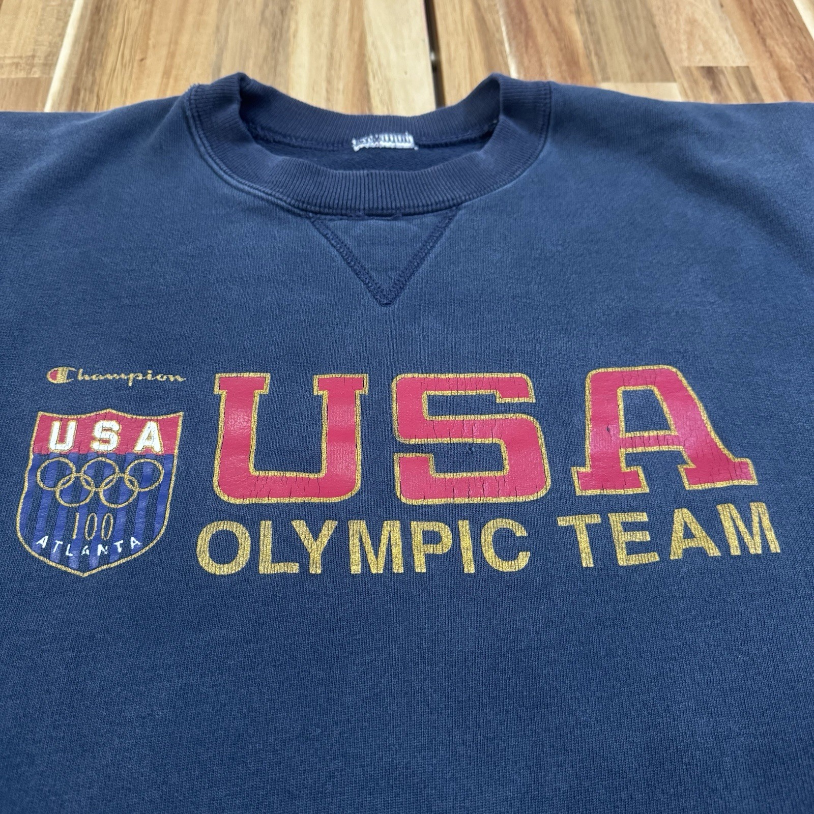 Vintage USA Olympics Sweatshirt Mens L Blue Champion Atlanta Crewneck Fleece 90s