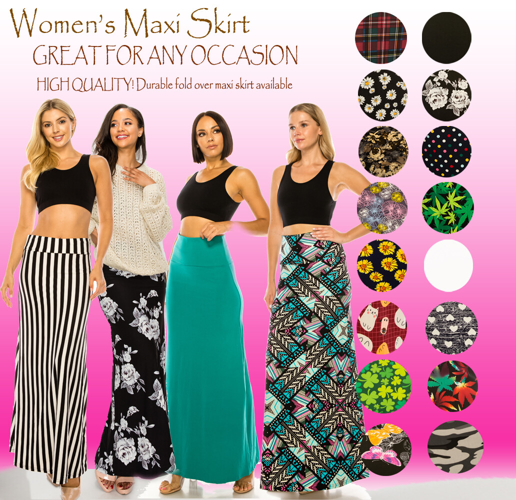 Women’s Long Maxi Skirt – Casual Fold Over Elastic Waistband_Soft_Flared Skirt