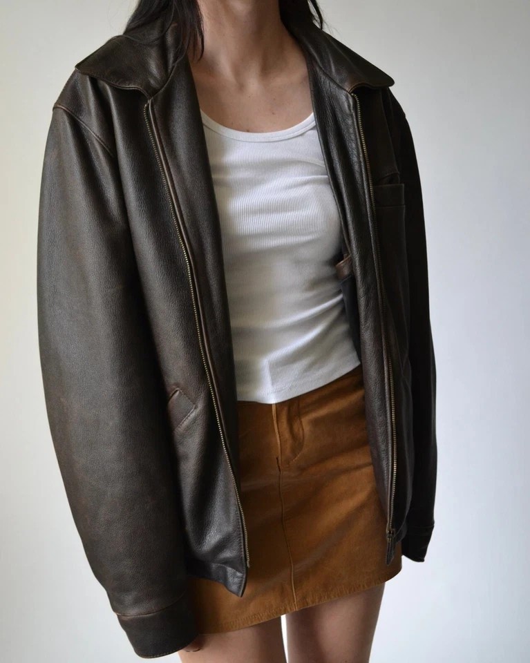 Womens Brown Pebbled Oversized Leather Jacket Baggy Vintage Biker Style Zip Coat