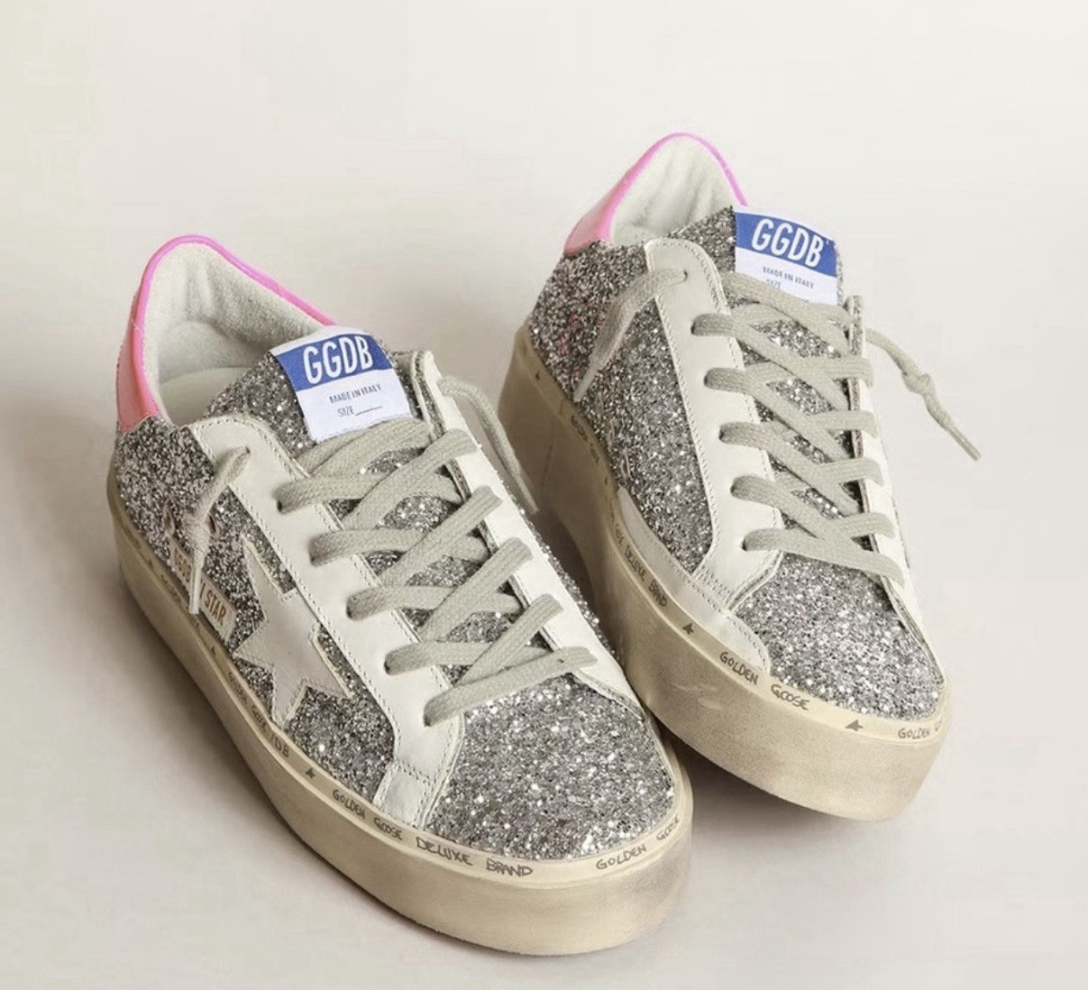Golden Goose Hi Star Silver Glitter Sneaker White Star Pink Heel EU 37 US 7