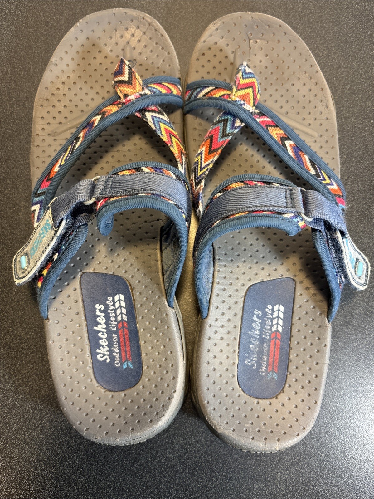 Skechers Sandals Reggae Zig Swag Strappy Slides Blue Toe Loop Sandals Size 8.5