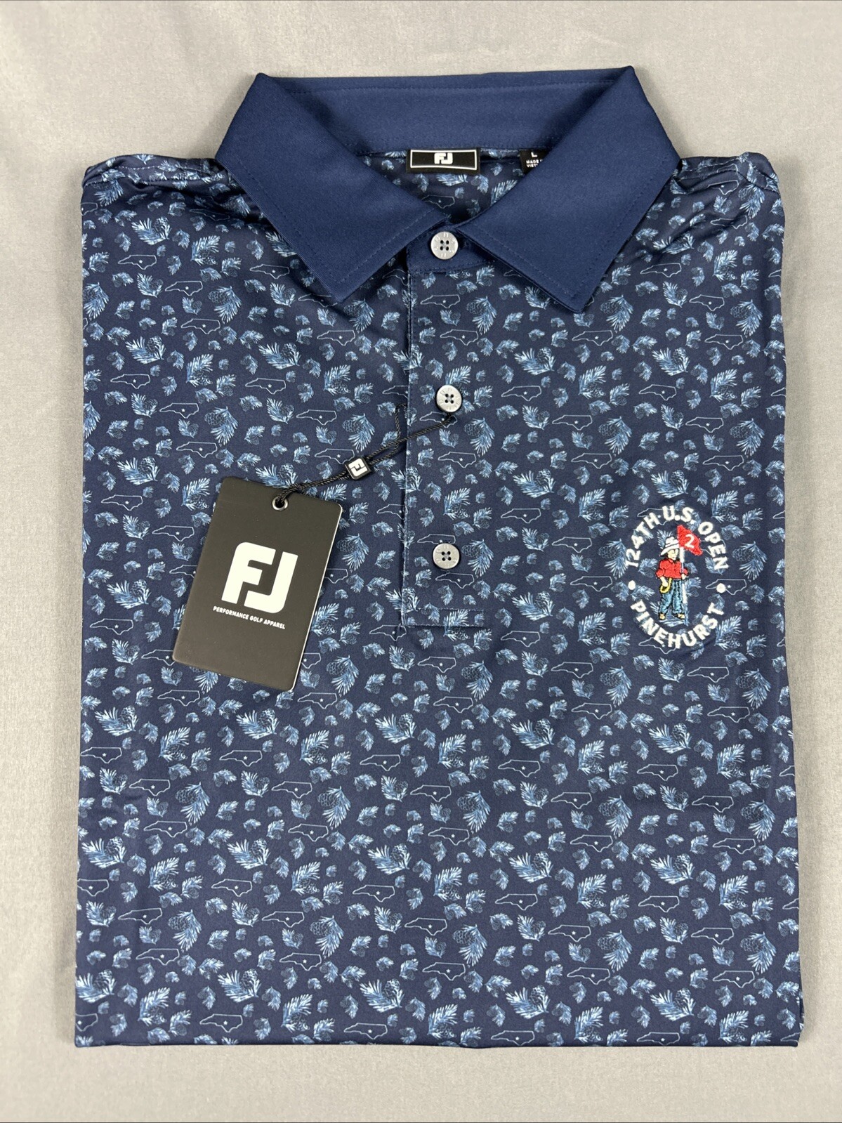 FootJoy Golf Shirt Polo Pinecone Print Pinehurst US Open Logo Large Blue