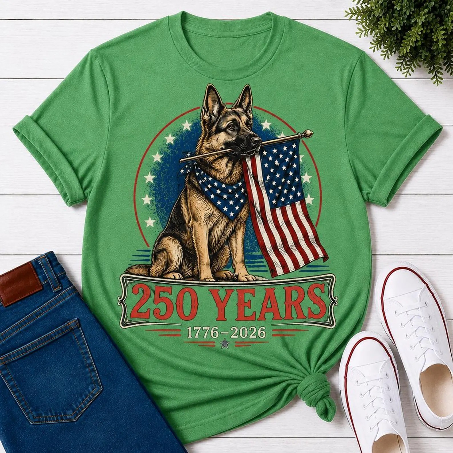 German Shepherd Patriotic 250 Years 1776-2026 USA Flag Dog Lover T-Shirt