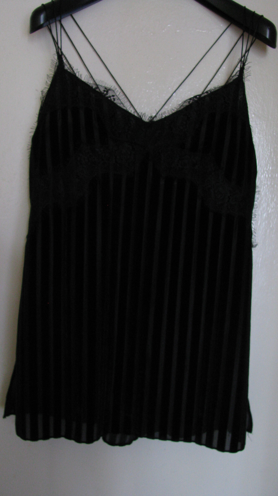 ZARA Black Cupro SEXY! Spaghetti Strap Tank Top w/ Lace Trim Sz L