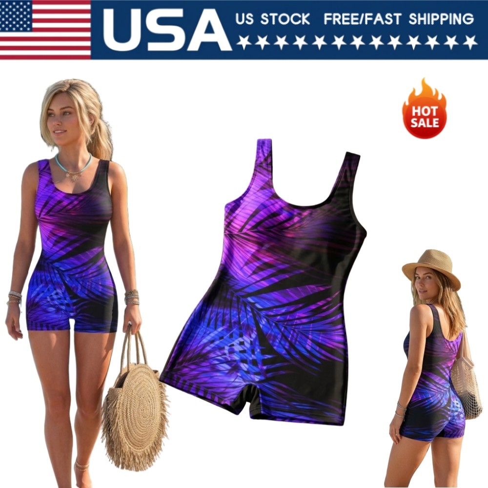Women Palm Leaf Print Boyleg One Piece Swimsuit Sleeveless U Neck Bathing Suit