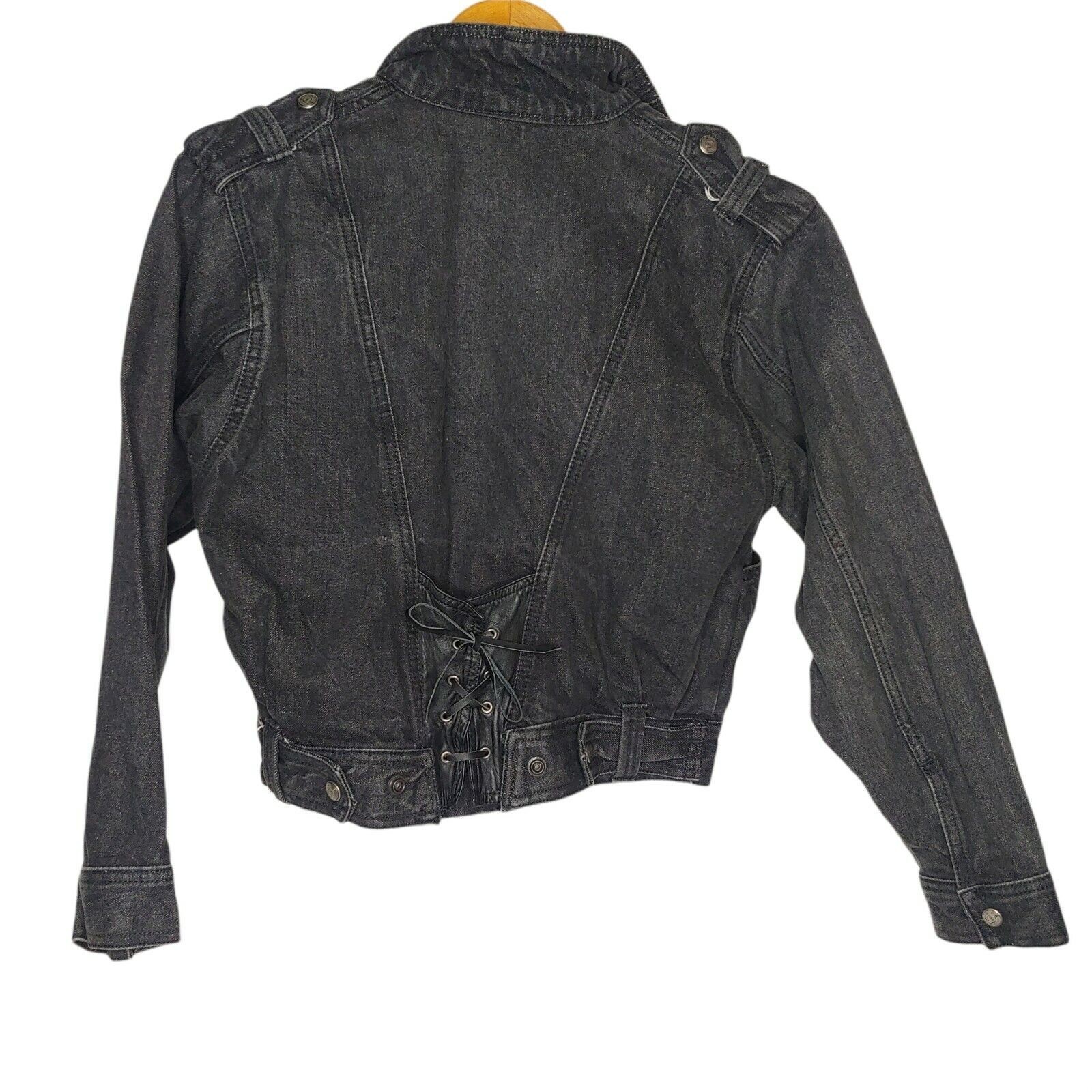 Vintage 1980s Paris Express Denim Jacket Small Snap V Neck Retro Lace Up Crop