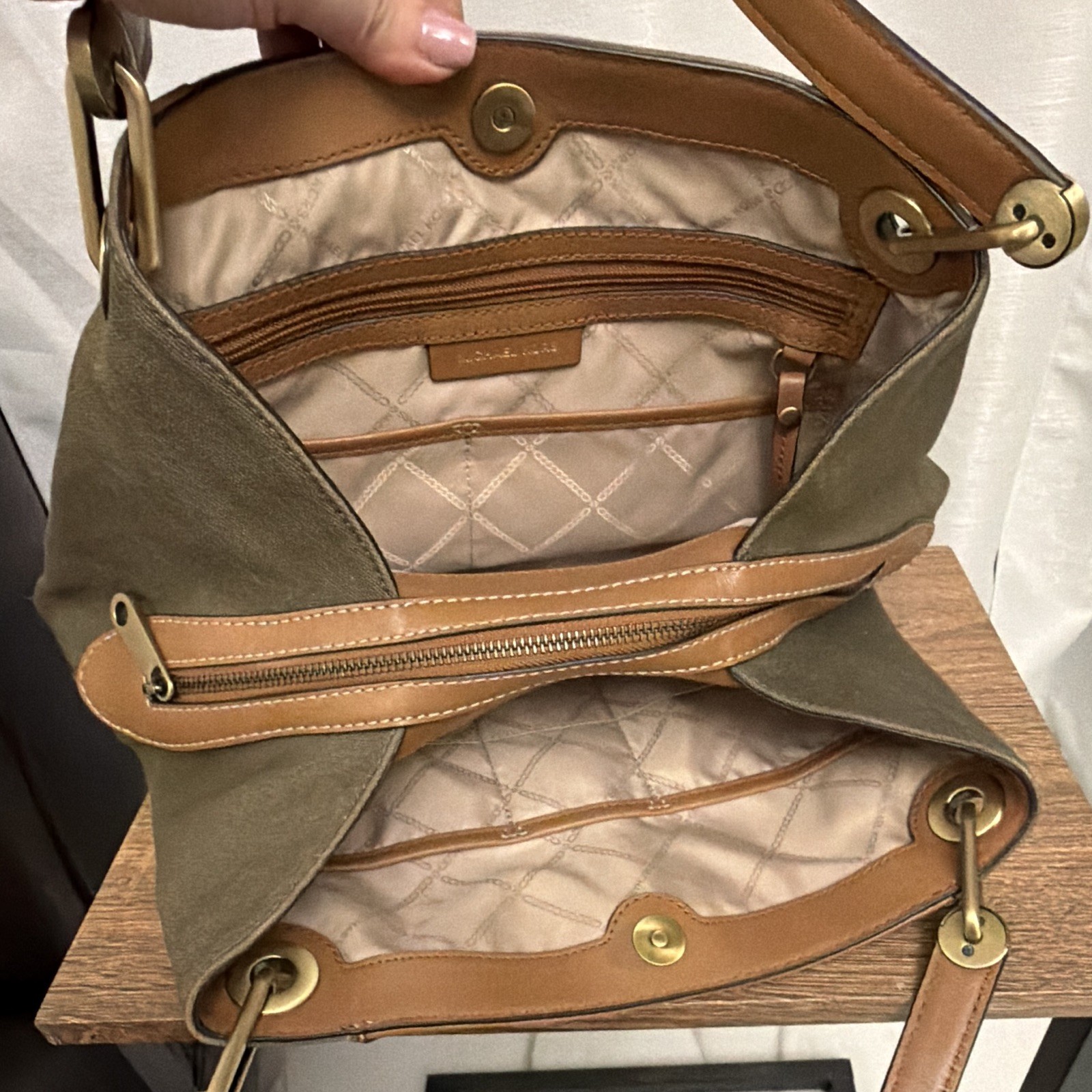 Michael Kors Green Brown Shoulder Bag Zip & Magnetic Closure Gold Hardware Studs