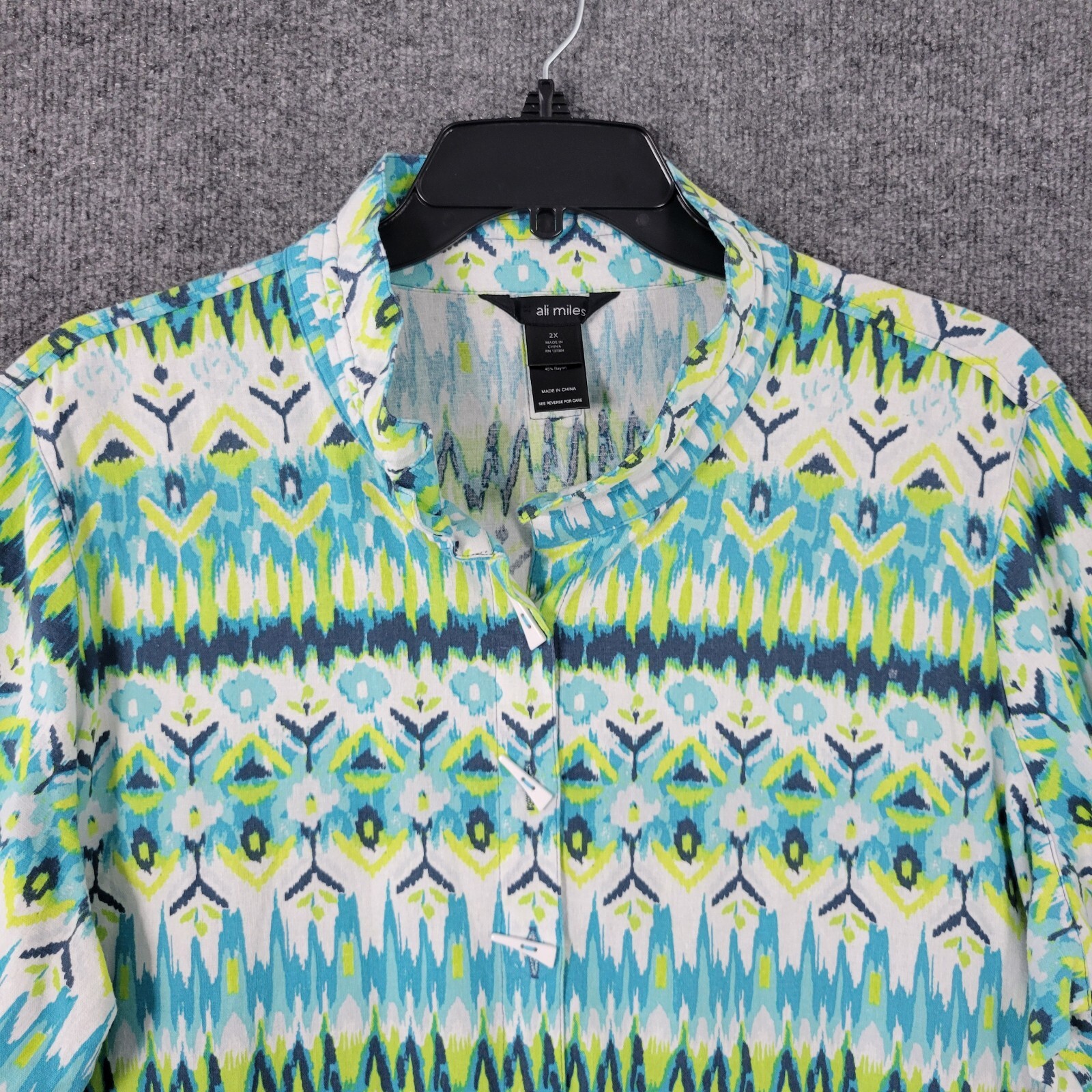 NWT ALI MILES Blue Green Ikat Floral Linen Artsy Toggle Button Up Top SIZE 2X
