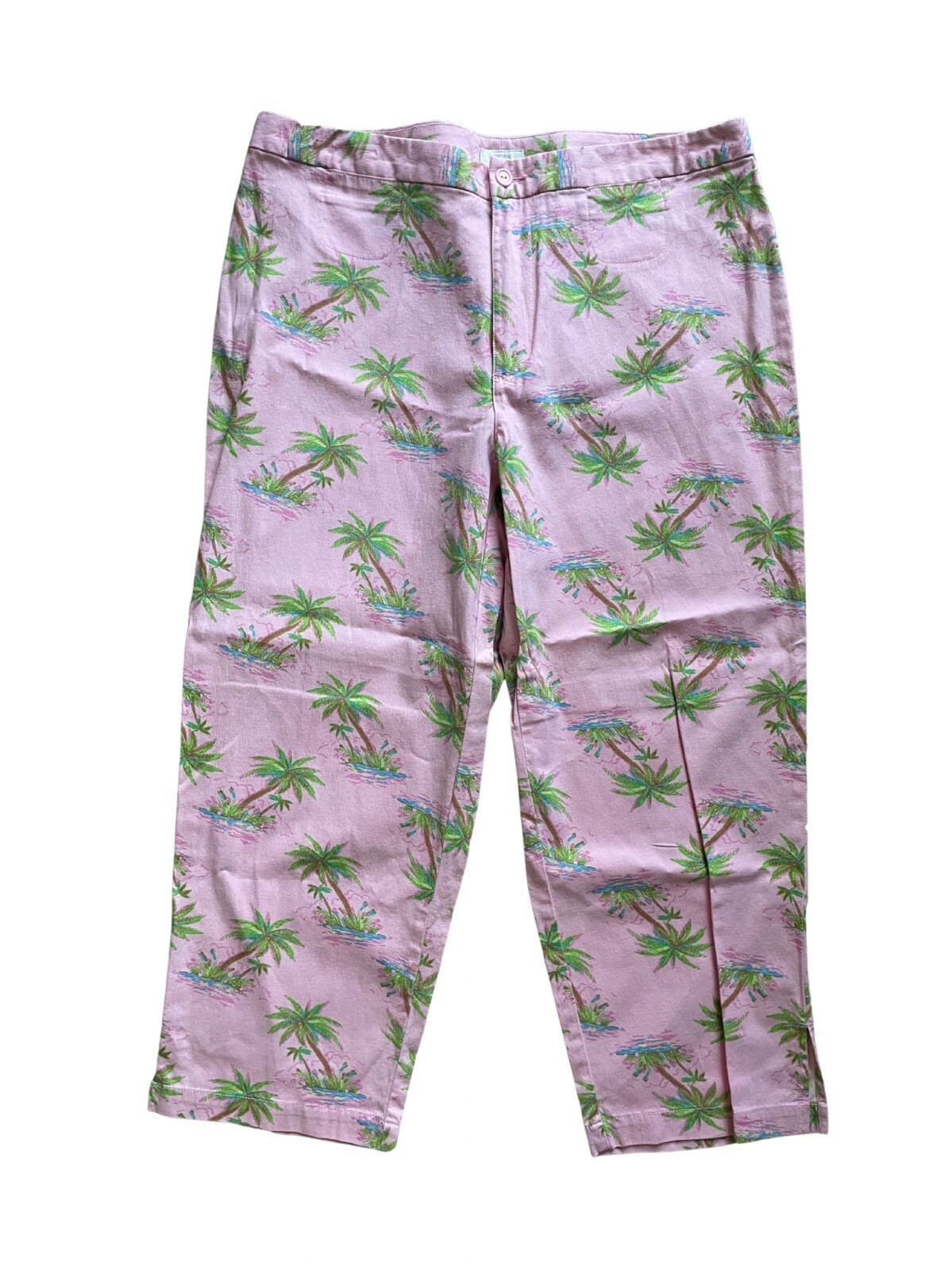 Liz Claiborne Audra Size 14 Pink Capri Pants With Tropical Palm Tree Print