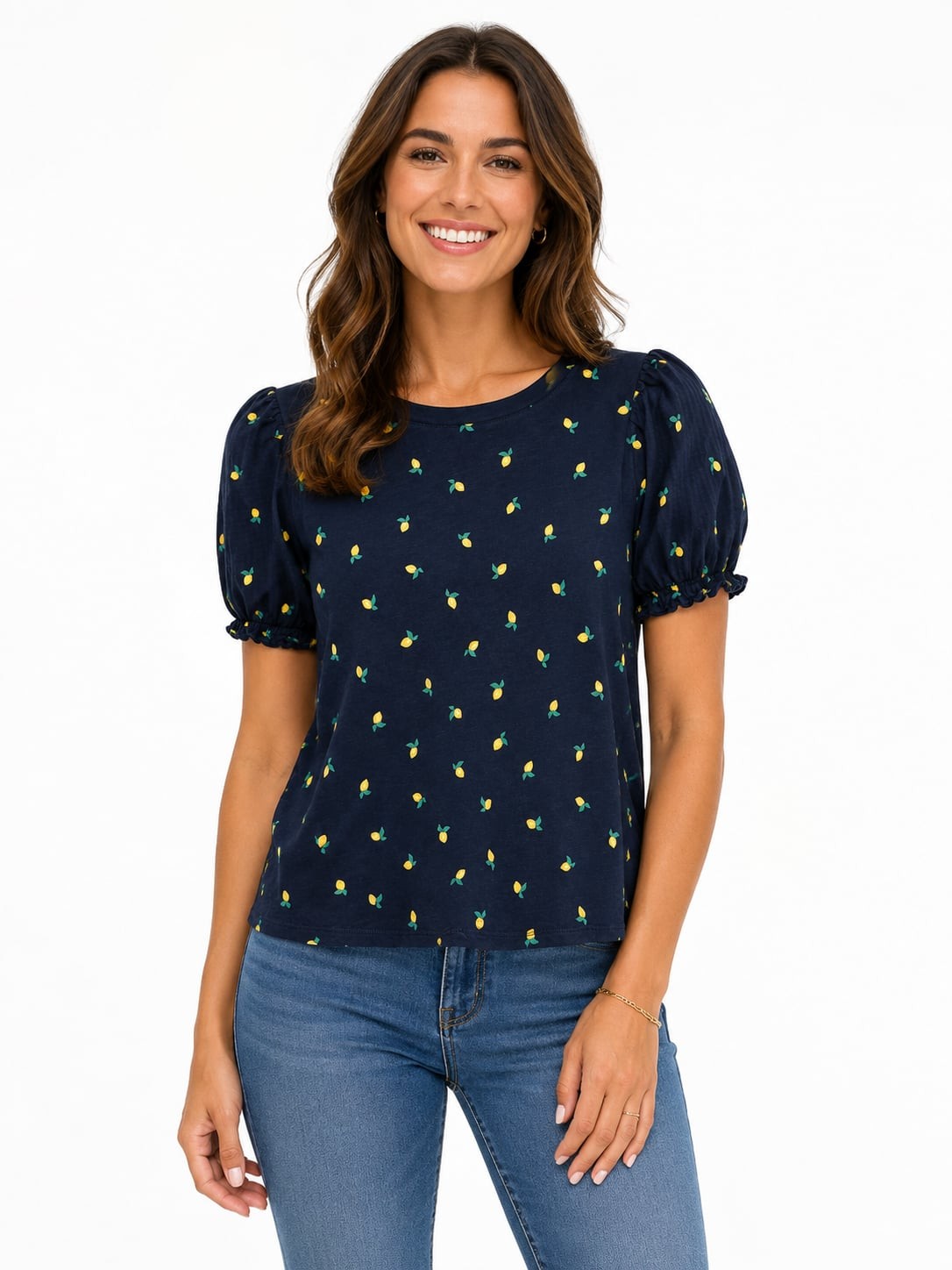 LOFT Outlet Navy Blue Lemon Print Puff Sleeve T-Shirt