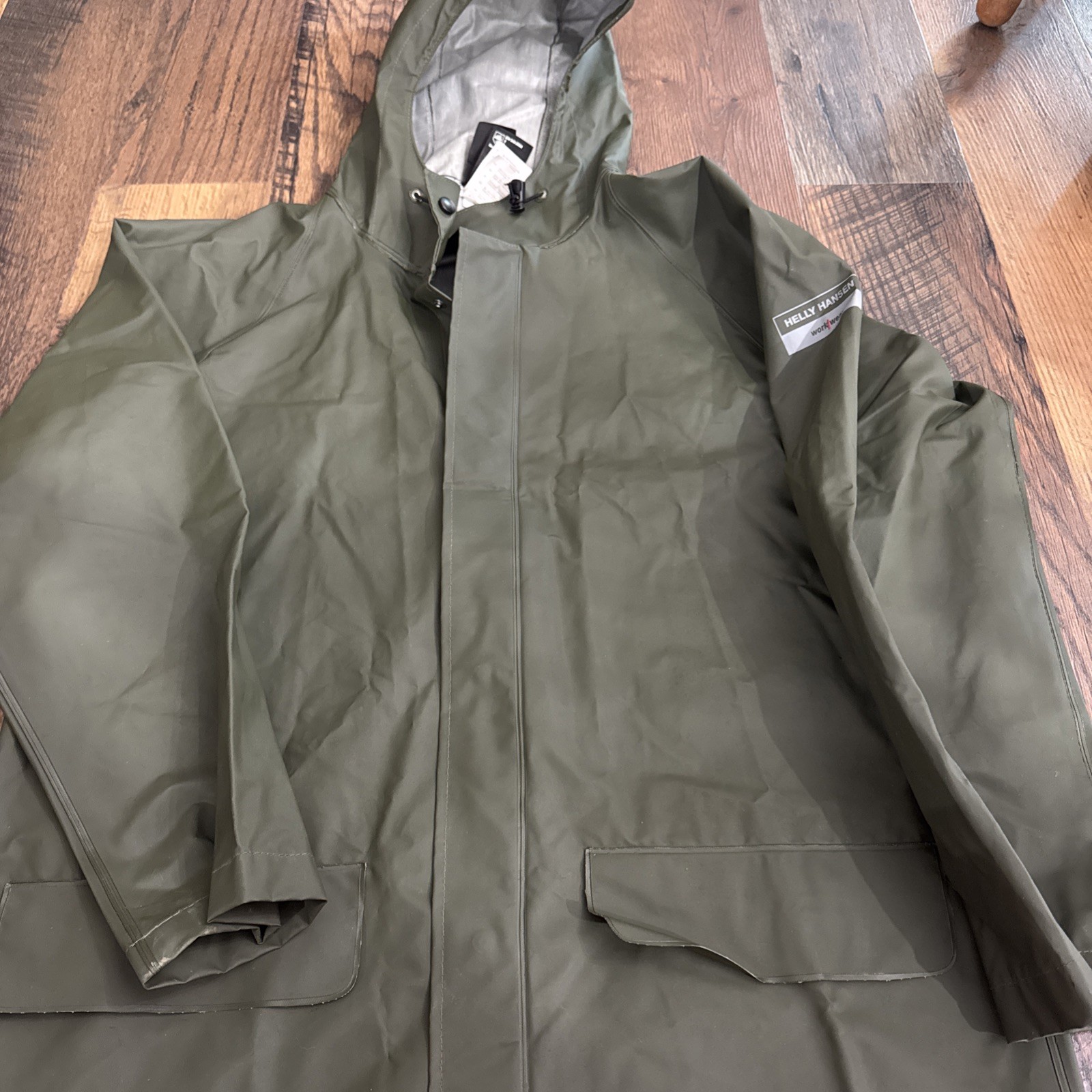Helly Hansen Jacket Mens L Green Hooded Workwear Rain Coat Waterproof PVC
