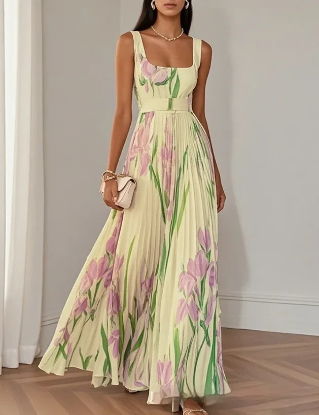 Pleated midi dress with a floral print. (We have sizes S, M, L, XL, XXL , XXXL)