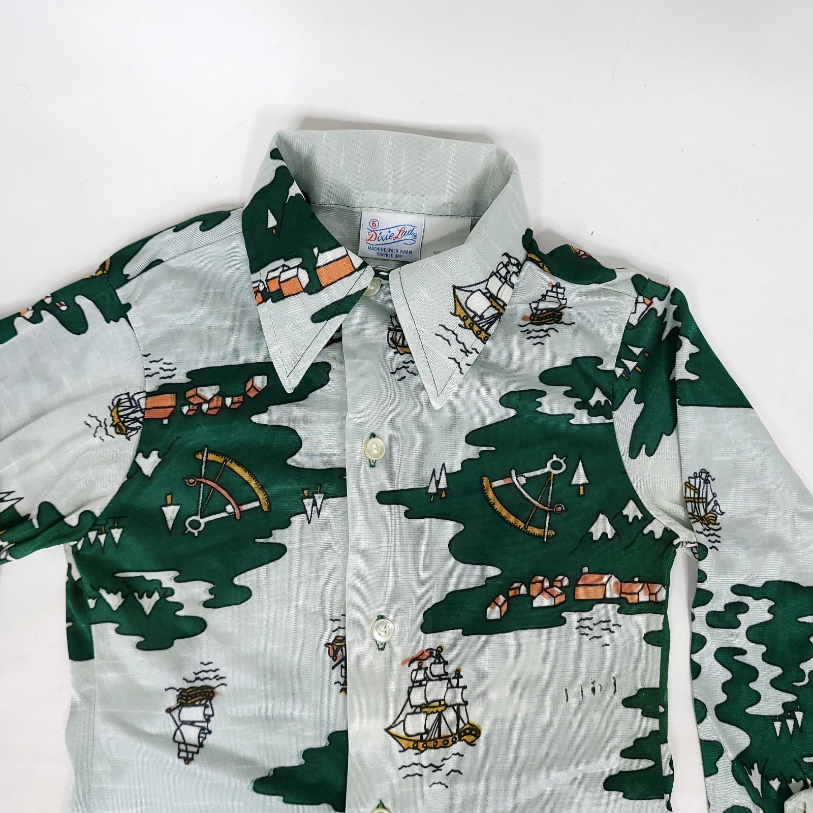 Vintage 70s Dixie Lad Girls Button Front Shirt 6 Green Boat Nautical Retro READ