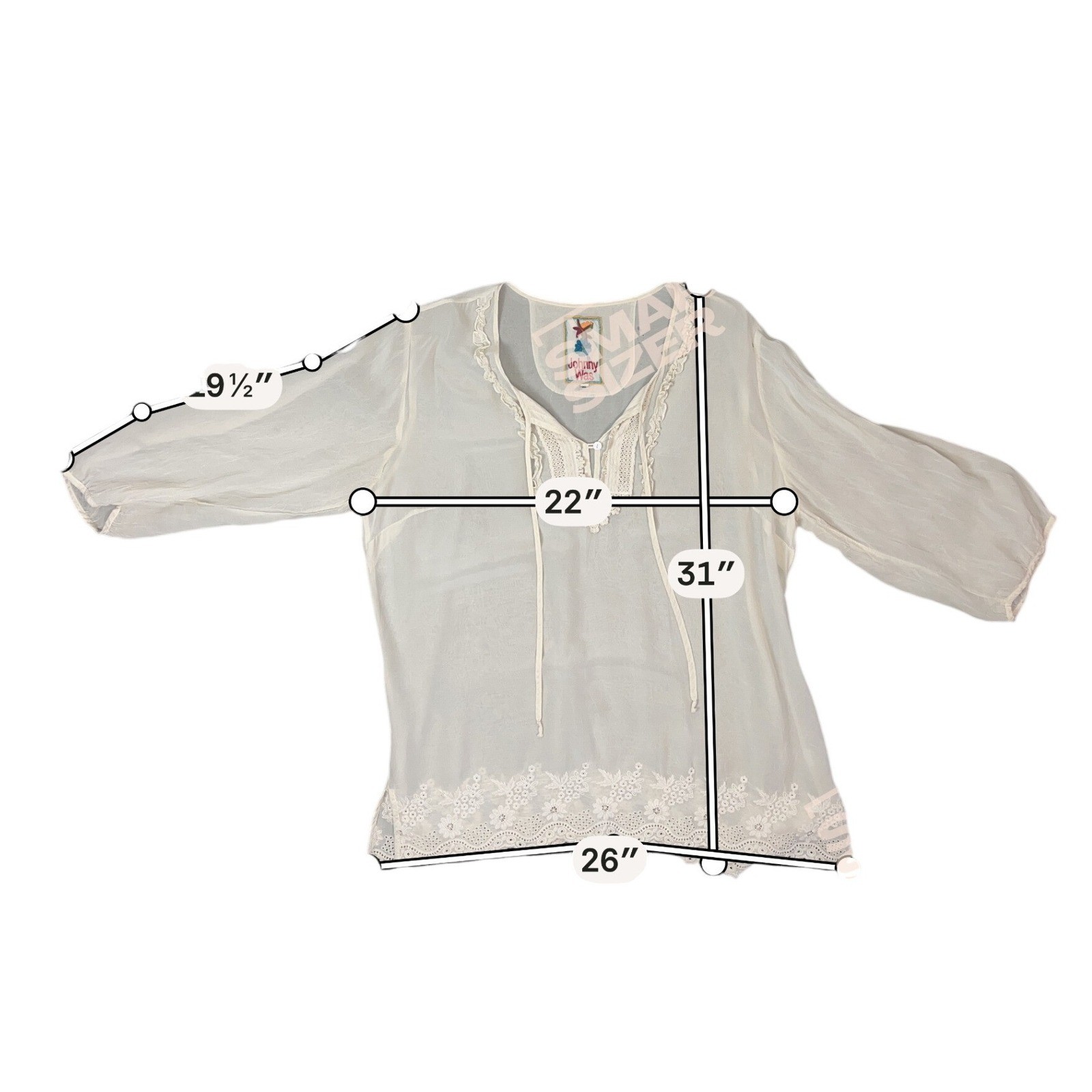 Johnny Was Ivory Eyelet Embroidered Lace Trim Boho Peasant Blouse XL Off White