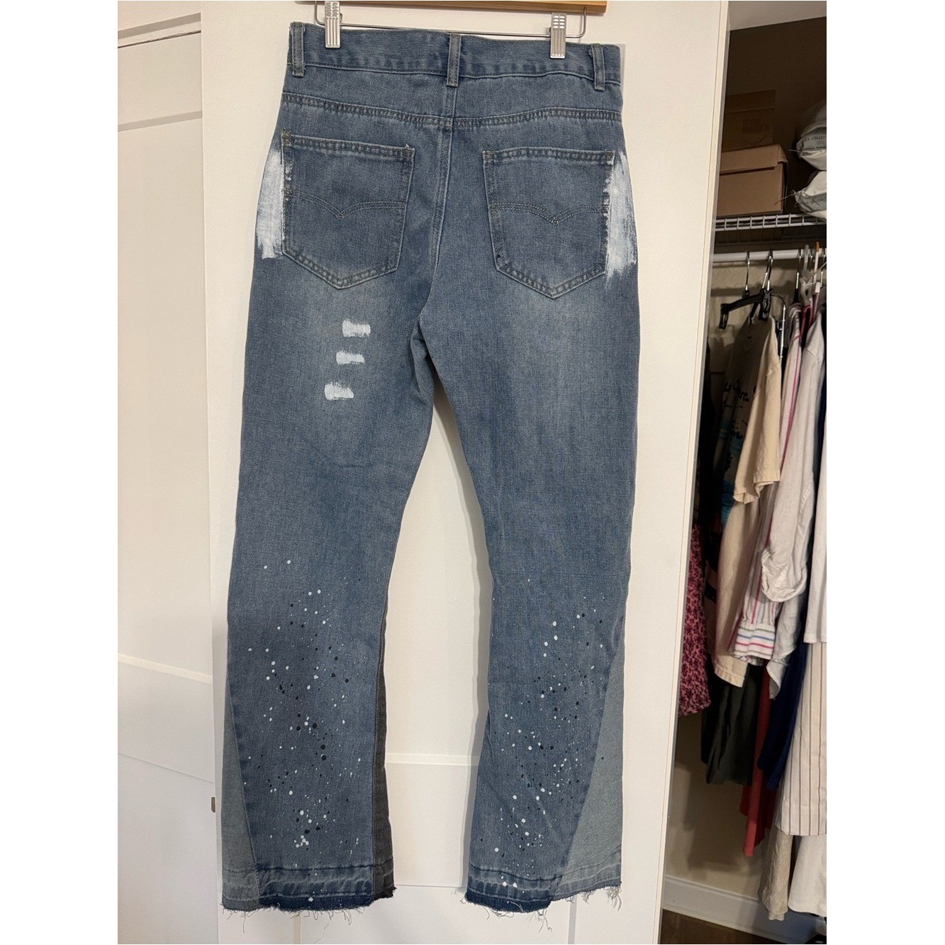 Gallery Dept Two-Tone Distressed Blue Flare Jeans with Embellished Hem