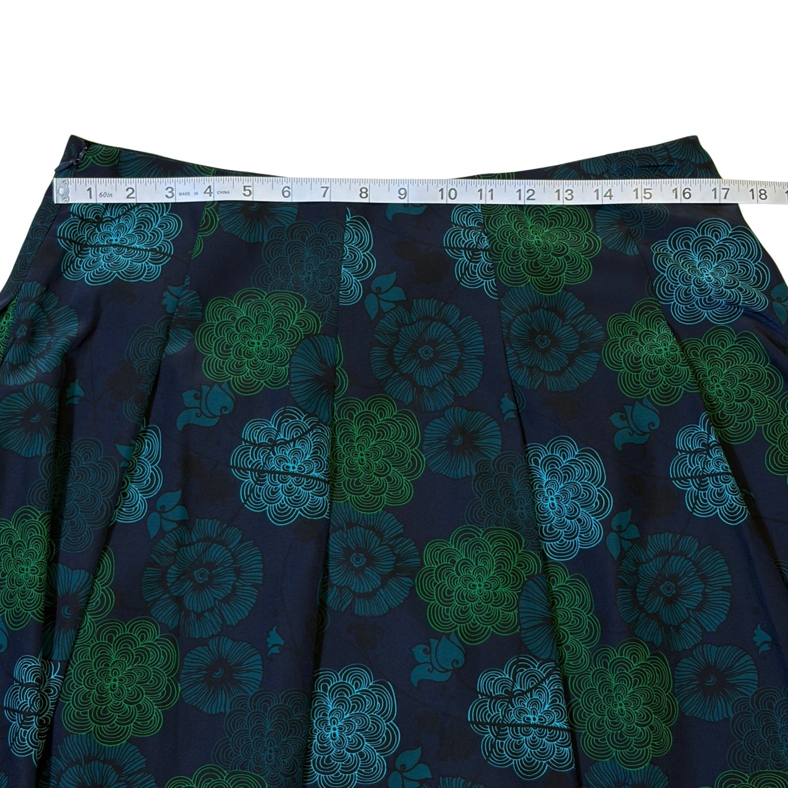 Retro Floral Liz Claiborne Pleated A-Line Midi Skirt Navy Green Teal Size 10