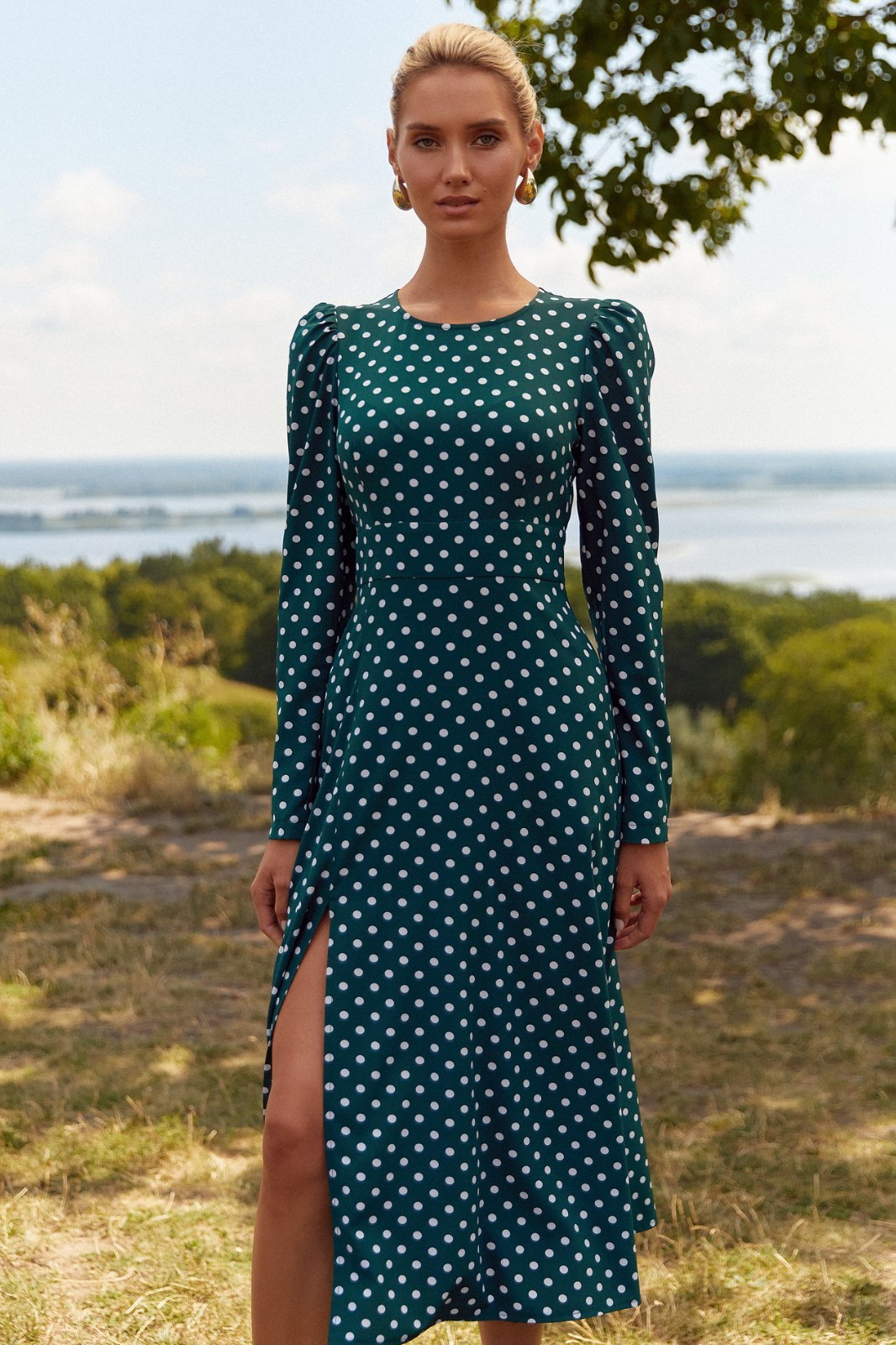 Green Emerald Polka Dot Midi Dress by FemeAdor – Size (XS) – Made in Ukraine