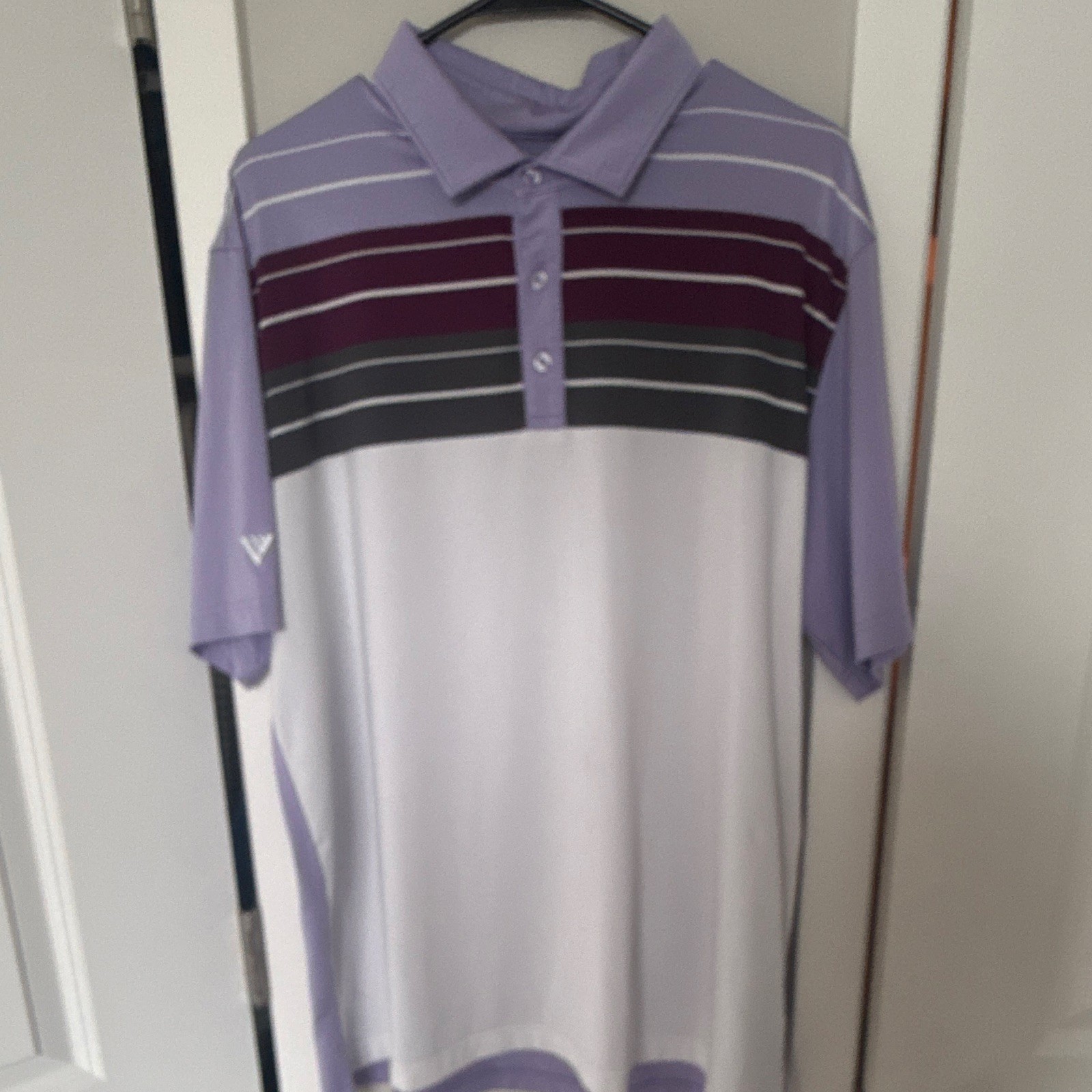 Levelwear Men’s Polo Shirt XL Regular Purple White Gray Striped Short Sleeve