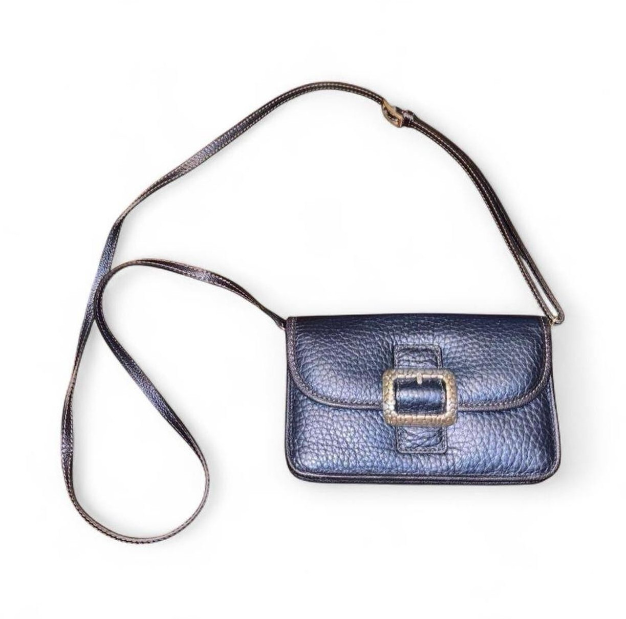 Blue Pebbled Small Crossbody Bag Buckle Flap Snap Closure Adjustable Strap