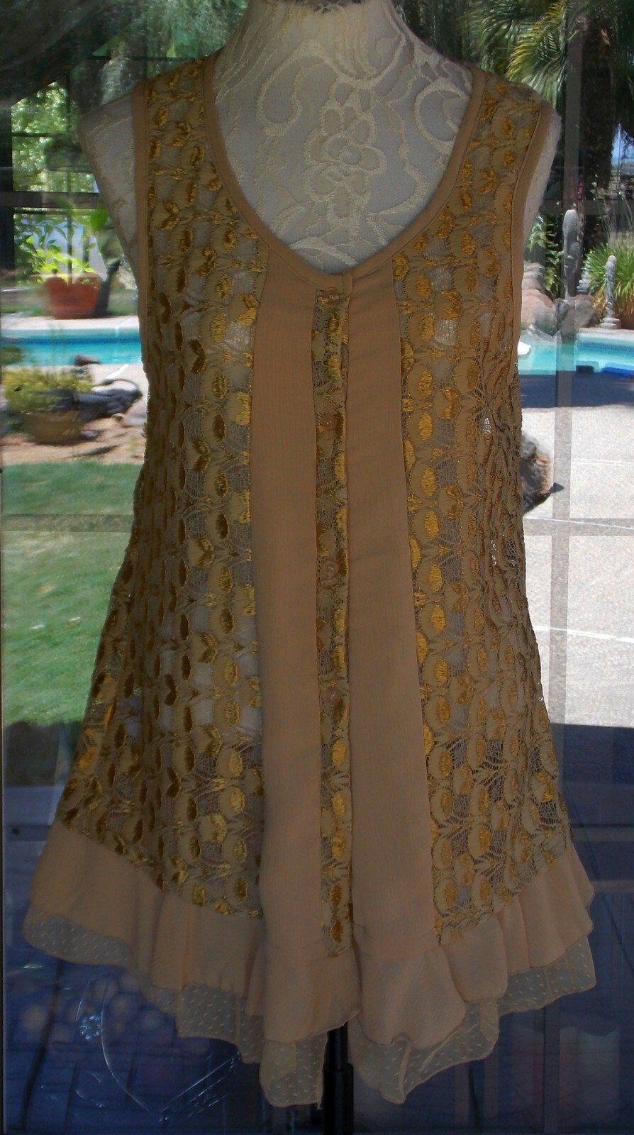 Boho Chic Lacey Pretty Angel Ruffle Trim Long Tunic Sheer Vest Top Sz. M