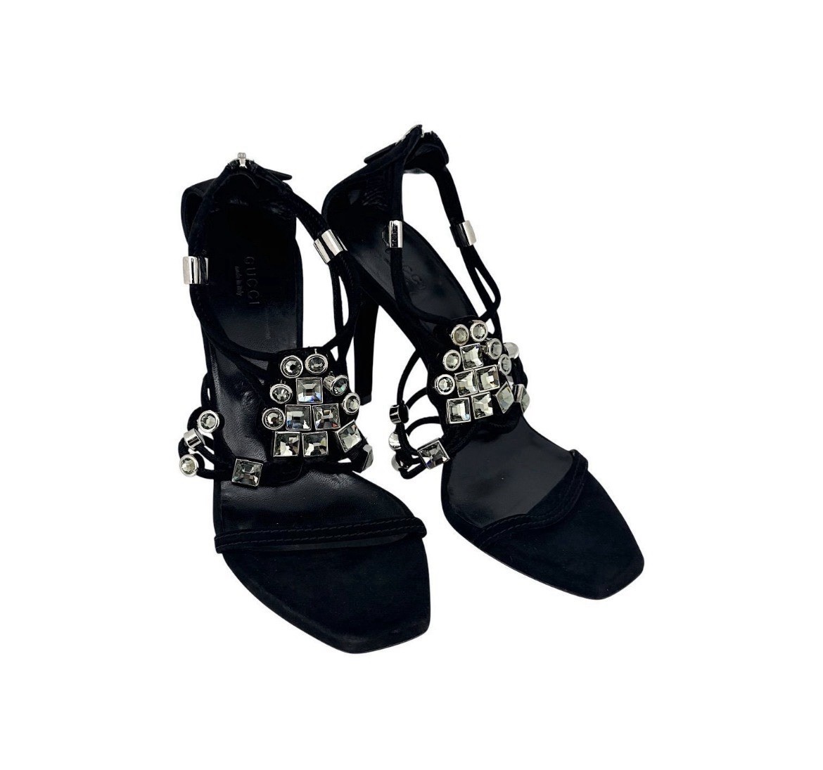 Gucci Black Suede Crystal Embellished Strappy Stiletto Sandals EU 37 US 7 *COA*