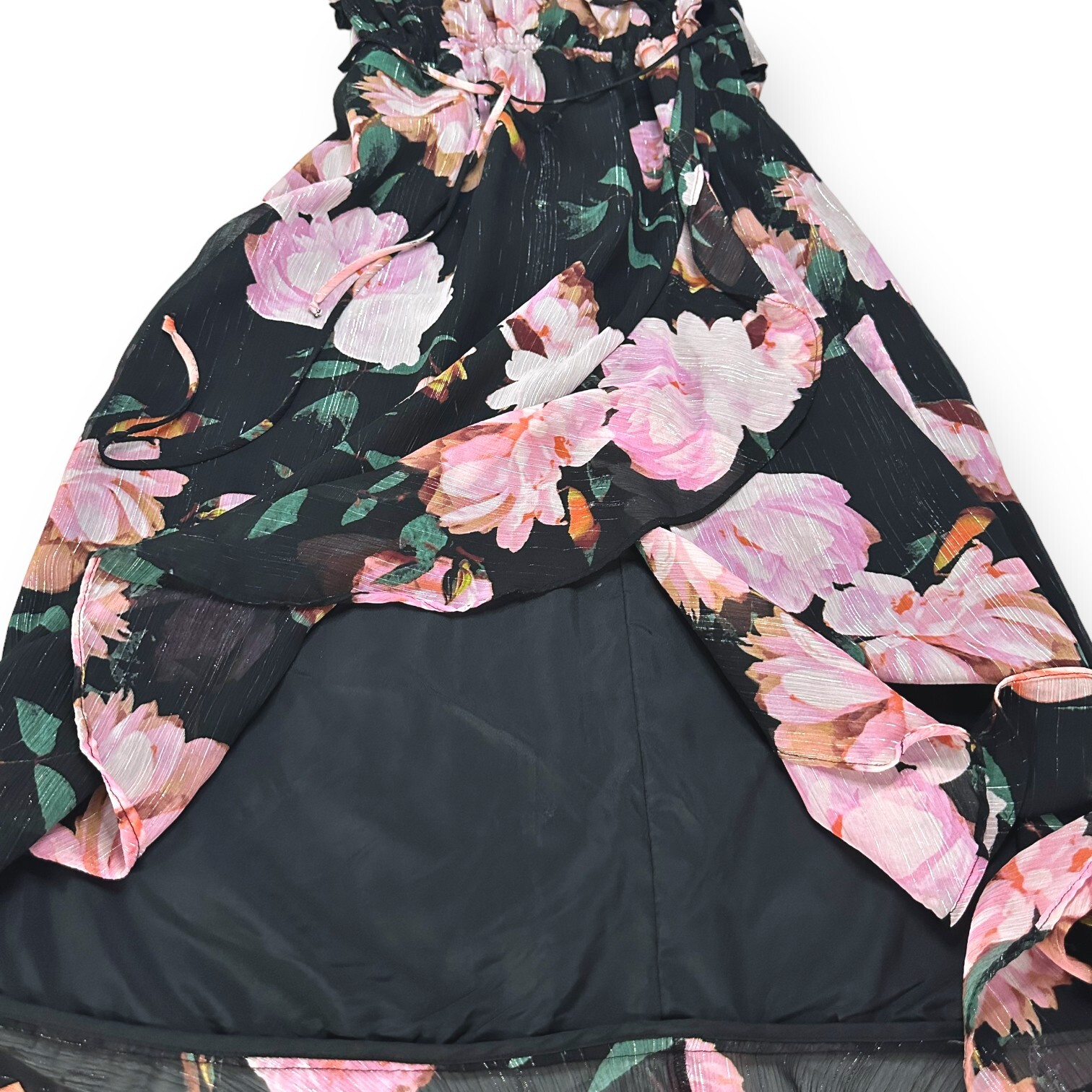 JENNIFER LOPEZ Faux Wrap Shimmer Floral Midi Dress Ruffle Tier Cascade Flirty 2