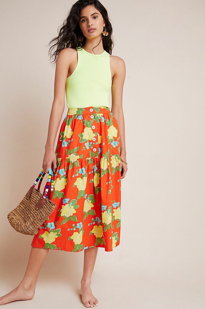 Anthropologie Maritza Midi Skirt Floral Organic Cotton Size 4