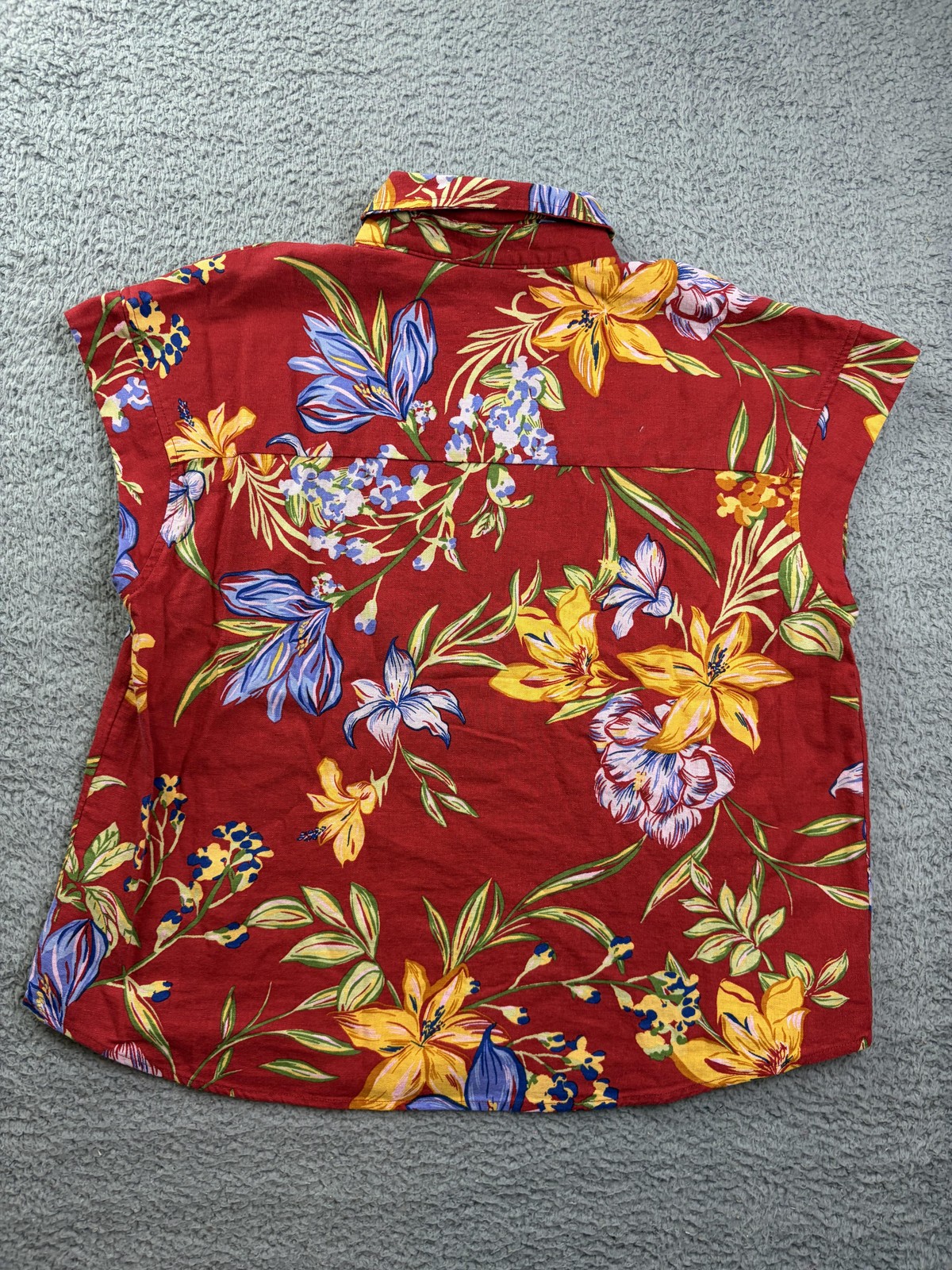 A New Day Blouse Womens Large Red Floral Button Front Collared Linen Tropical