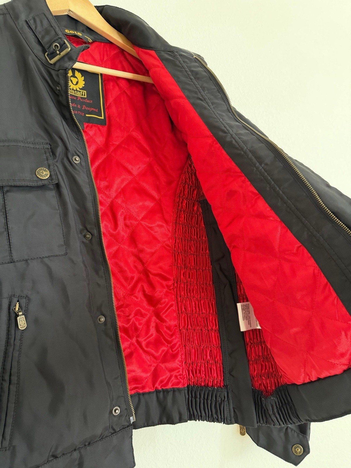 Belstaff Men’s Black Jacket Red Quilted Lining Stand-Up Collar Belted M
