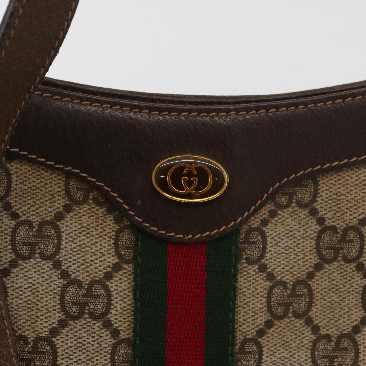 GUCCI GG Supreme Web Sherry Line Shoulder Bag PVC Beige Gold Auth 182476