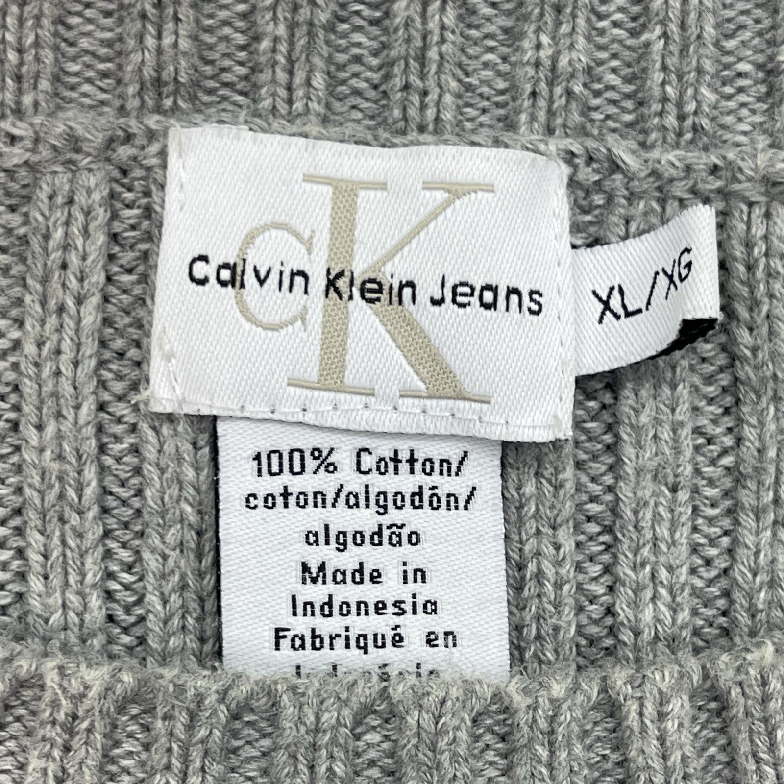 Calvin Klein Jeans Sweater Mens XL Grey Chunky Knit Classic Preppy Retro Cotton
