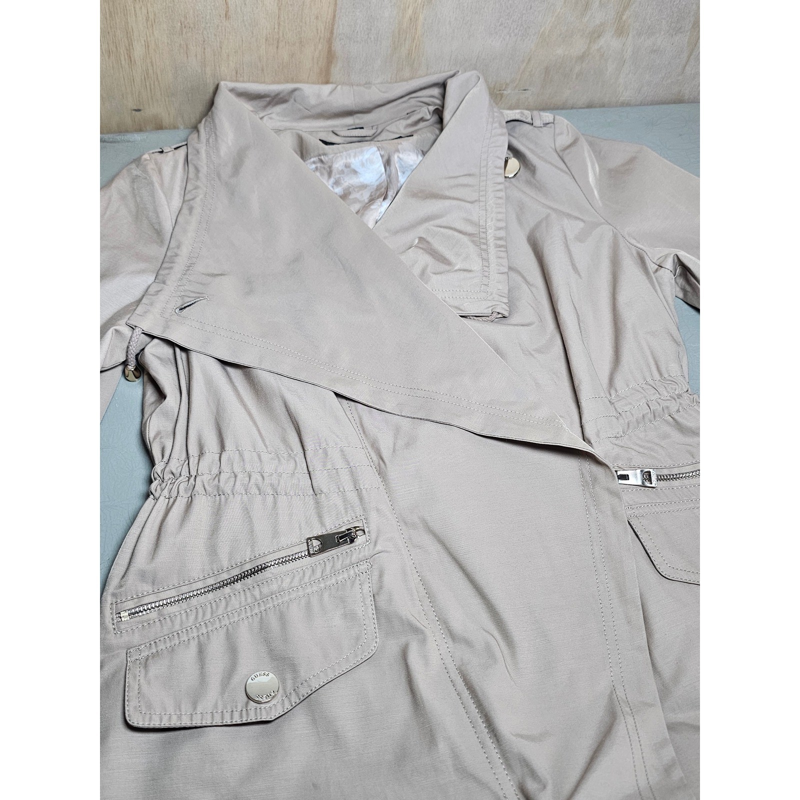 GUESS Los Angeles Womens Tan Draped Trench Jacket Drawstring Waist Beige Coat