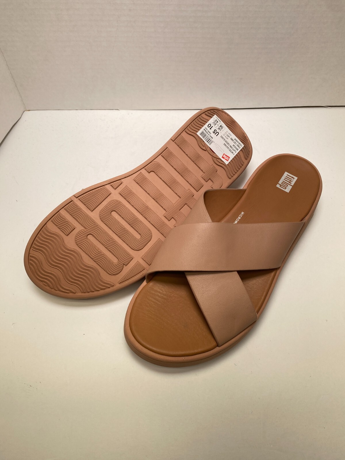FitFlop F-MODE Women’s Leather Flatform Cross Pink Slides sz 10
