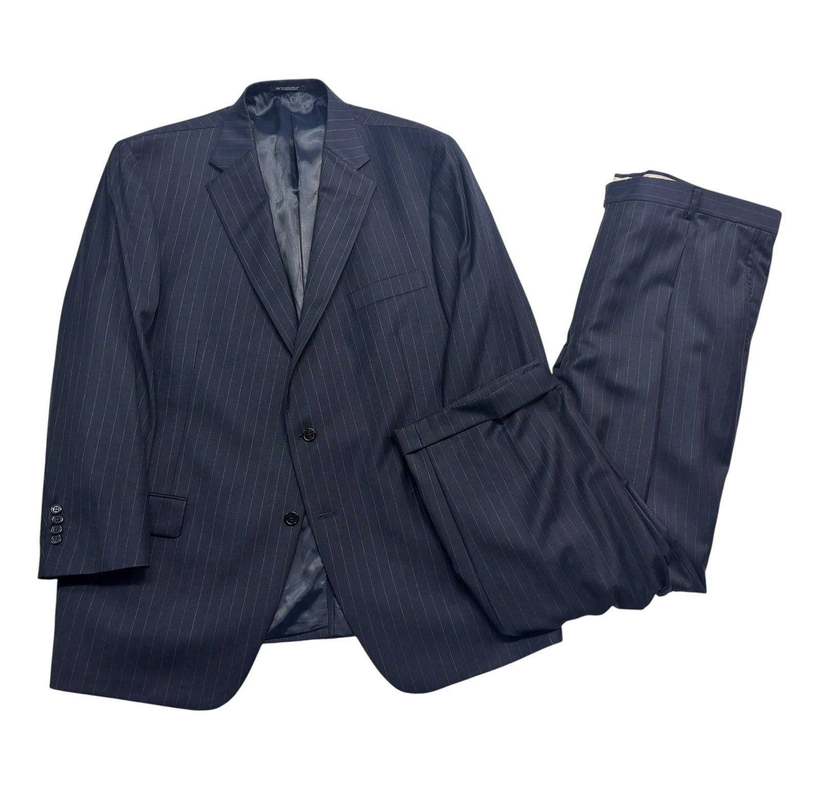 Hart Schaffner Marx 48S 44×29 Navy Blue Stripe 2pc Pant Suit USA Wool Pleated