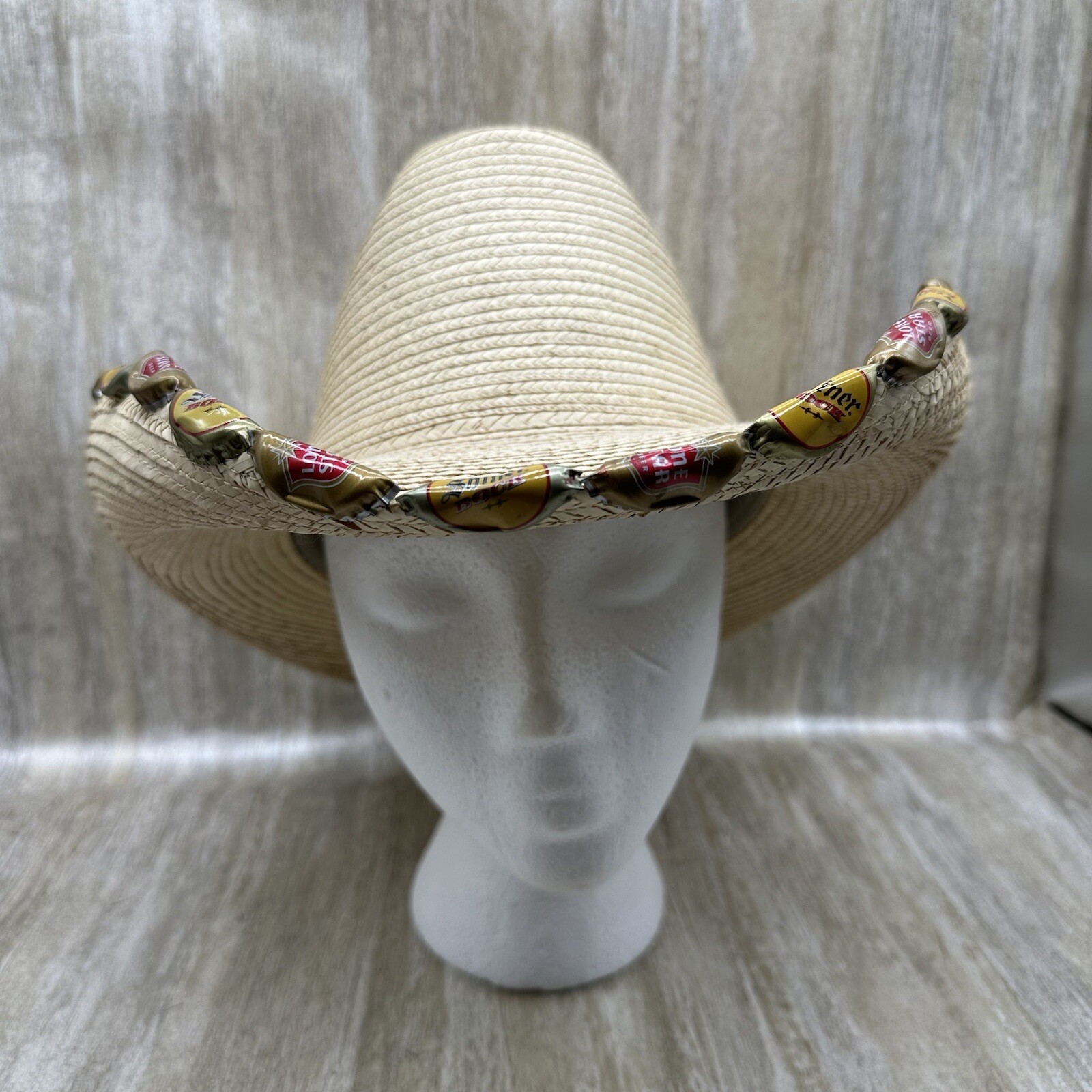 Rodeo Cowboy Hat Mens Approx Size 6.75 Straw Long Oval Wide Rim Beer Bottle Caps