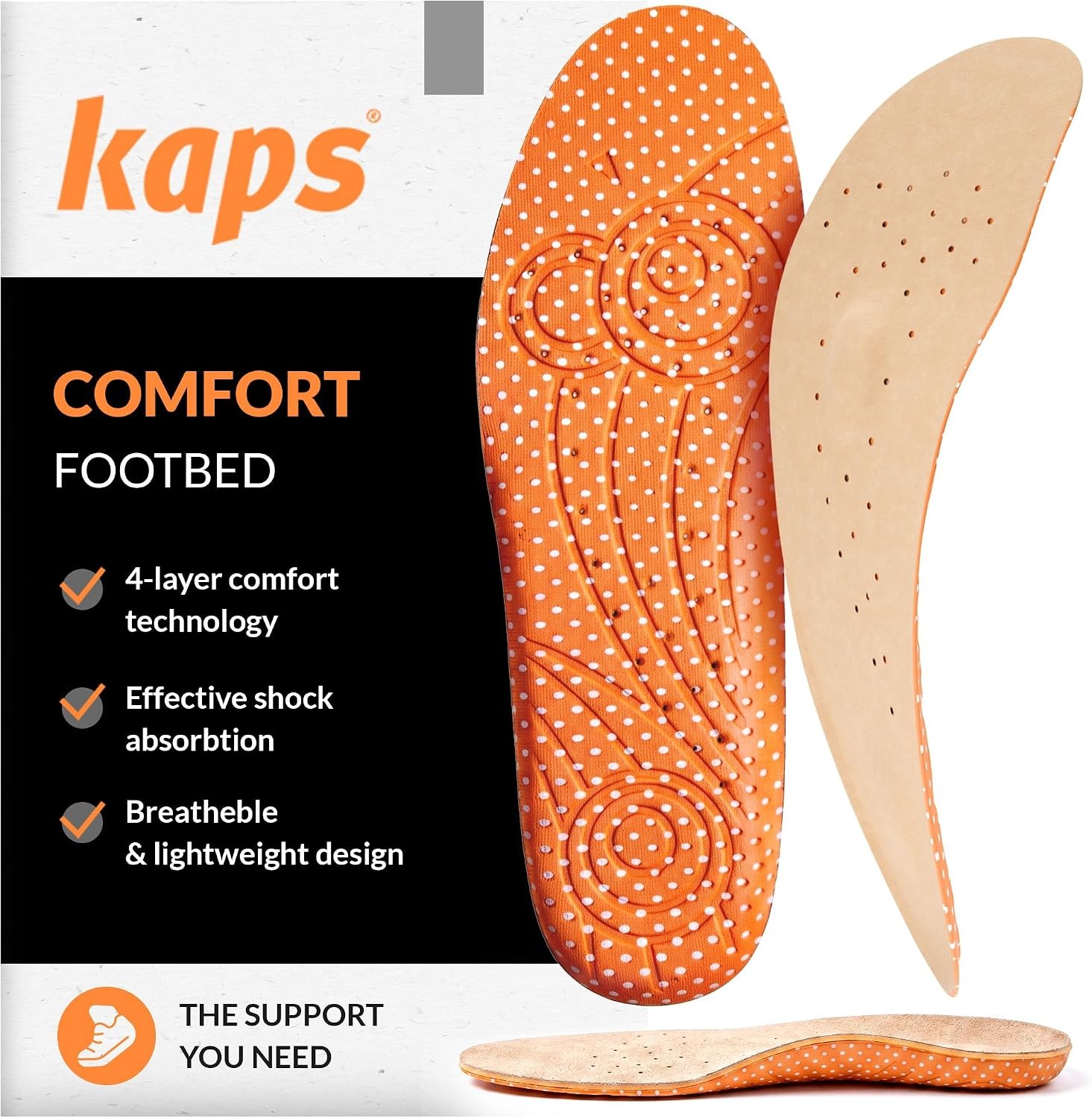 KAPS Comfort Footbed Insoles – 4-Layer Memory Foam Insoles with Arch Support for