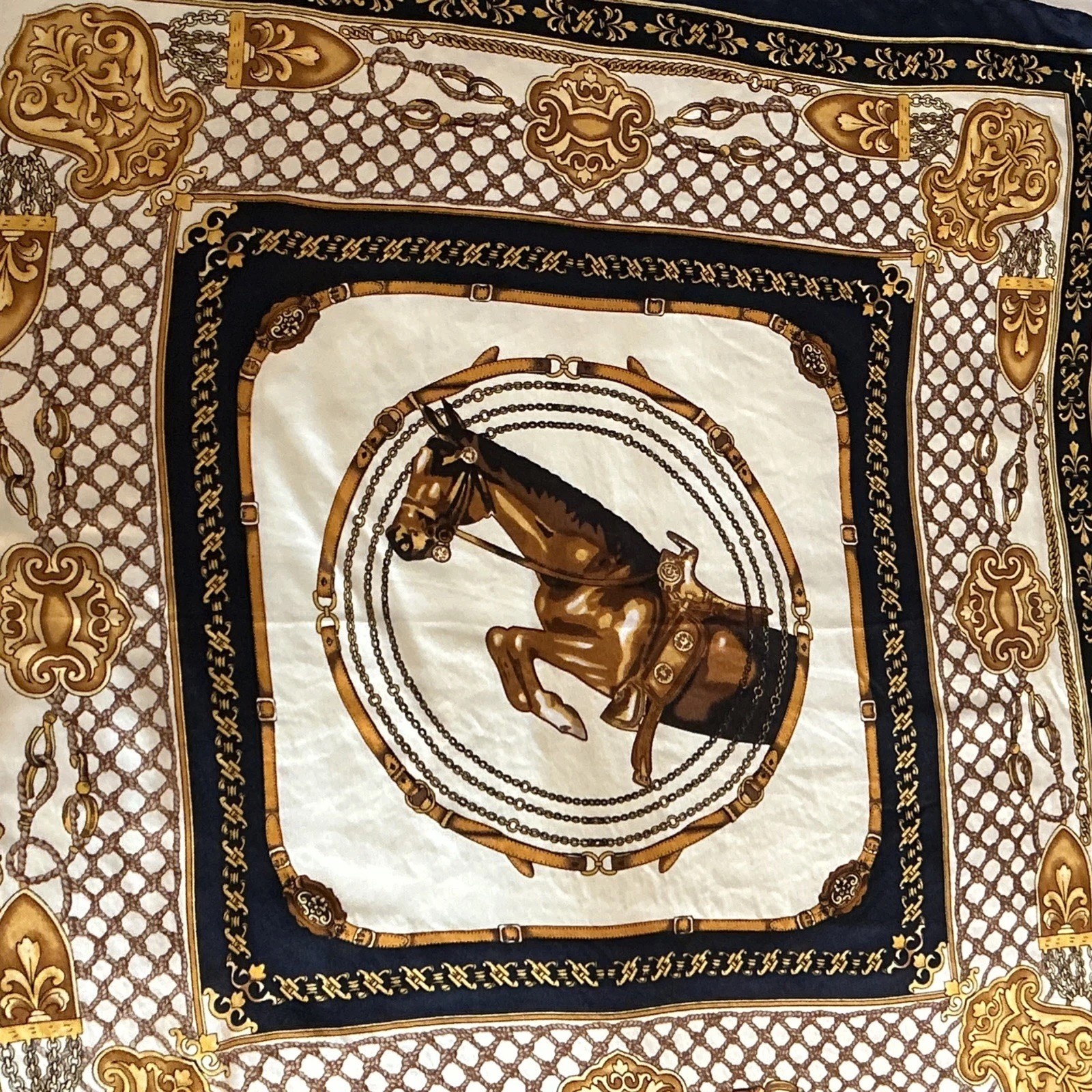 Scarf 100% Silk Gold Navy Blue And Beige Equestrian Scarf 20 Inches By 20 Inches
