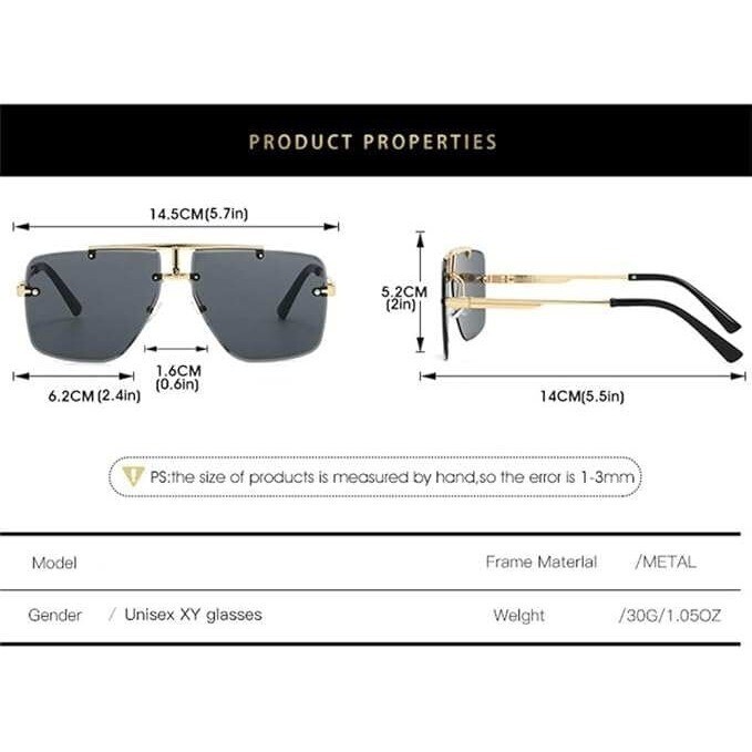 Sunglasses Men’s Gold Frame Rimless Square Gradient Black Lens Street Wear Trend