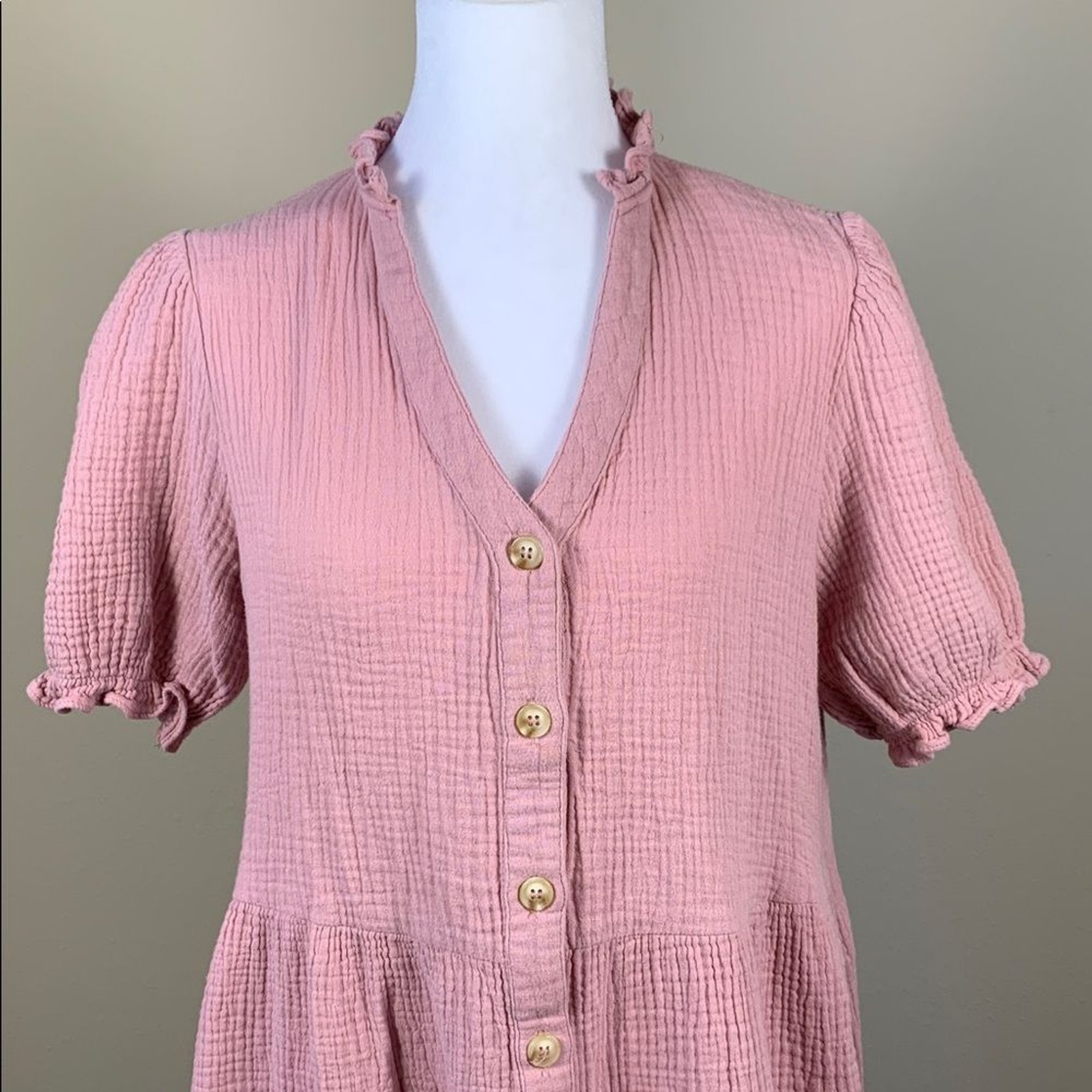 In February Pink Button-Front Gauze Tunic Dress