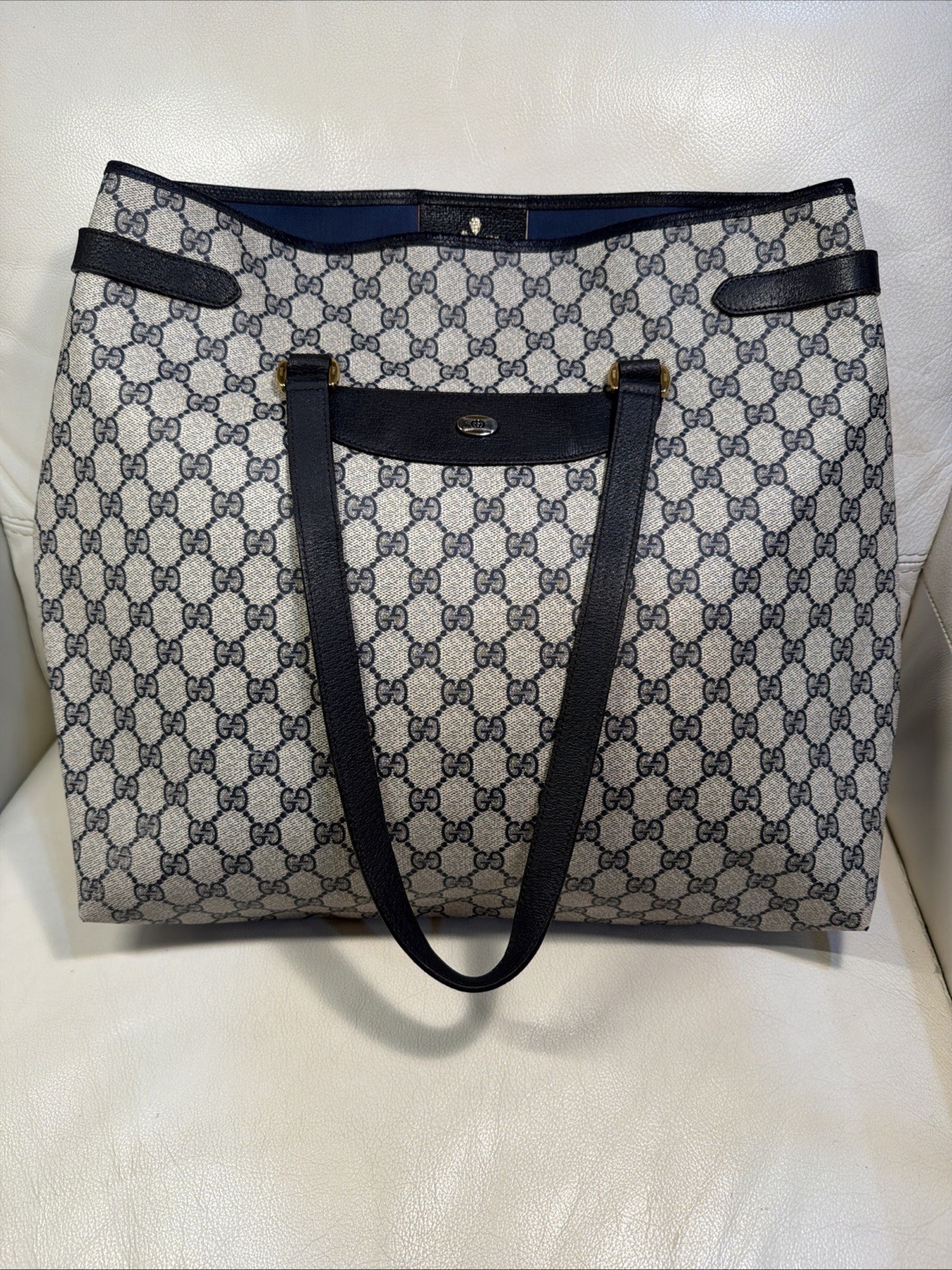 Gucci Tote Shoulder Bag Coated Canvas Gray Navy GG Pattern Accessories Collectio