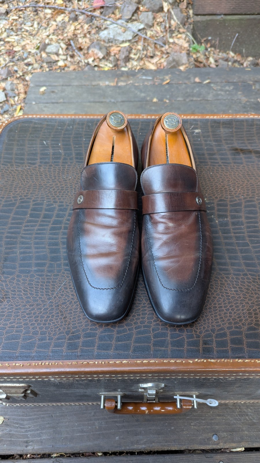 Gucci Brown Leather Loafers GG Style Strap Men’s Size 10 Made in Italy